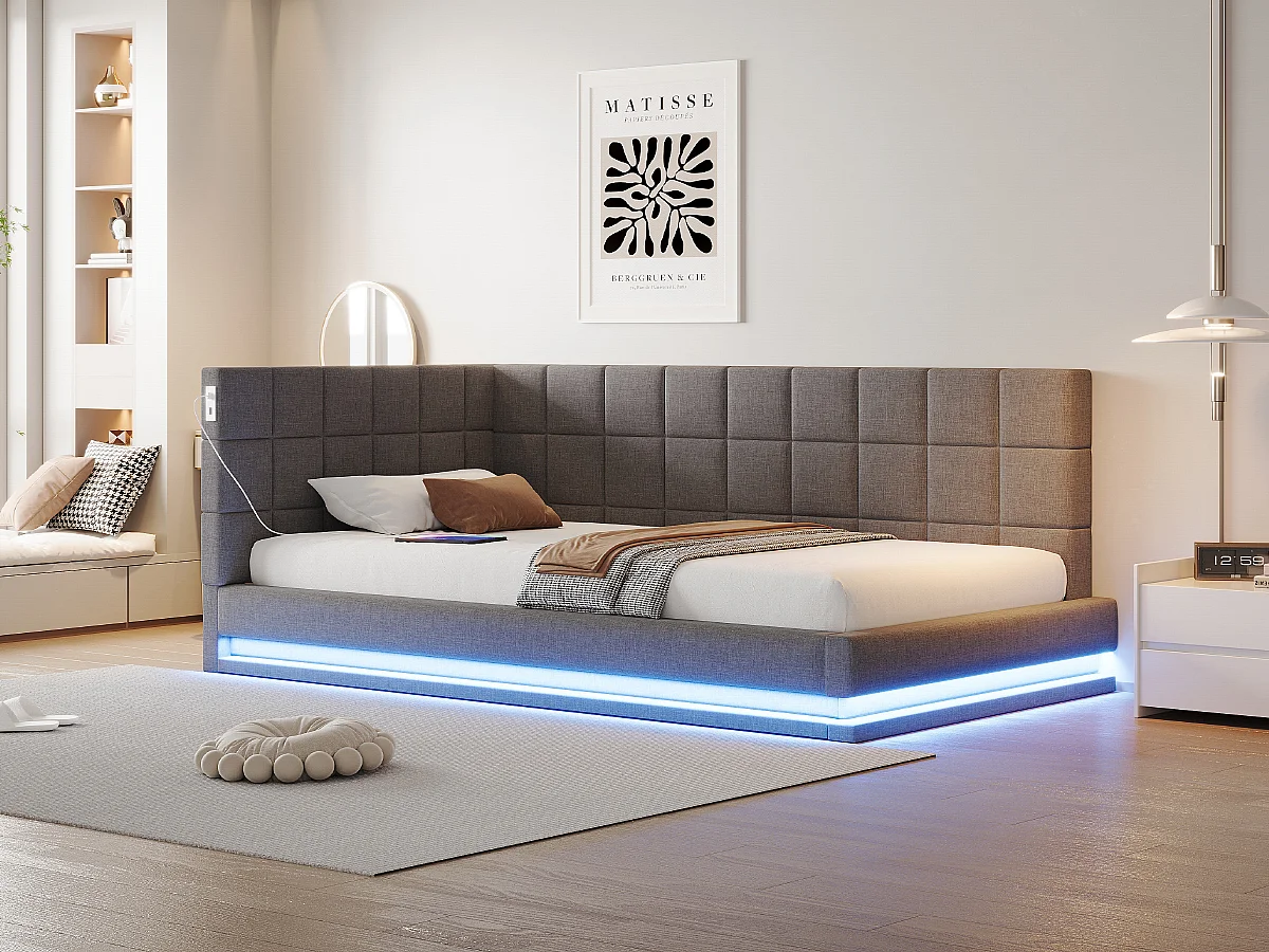 Lit de relaxation 90×200 cm en lin gris avec échelle, barrière de sécurité, éclairage LED et prise USB