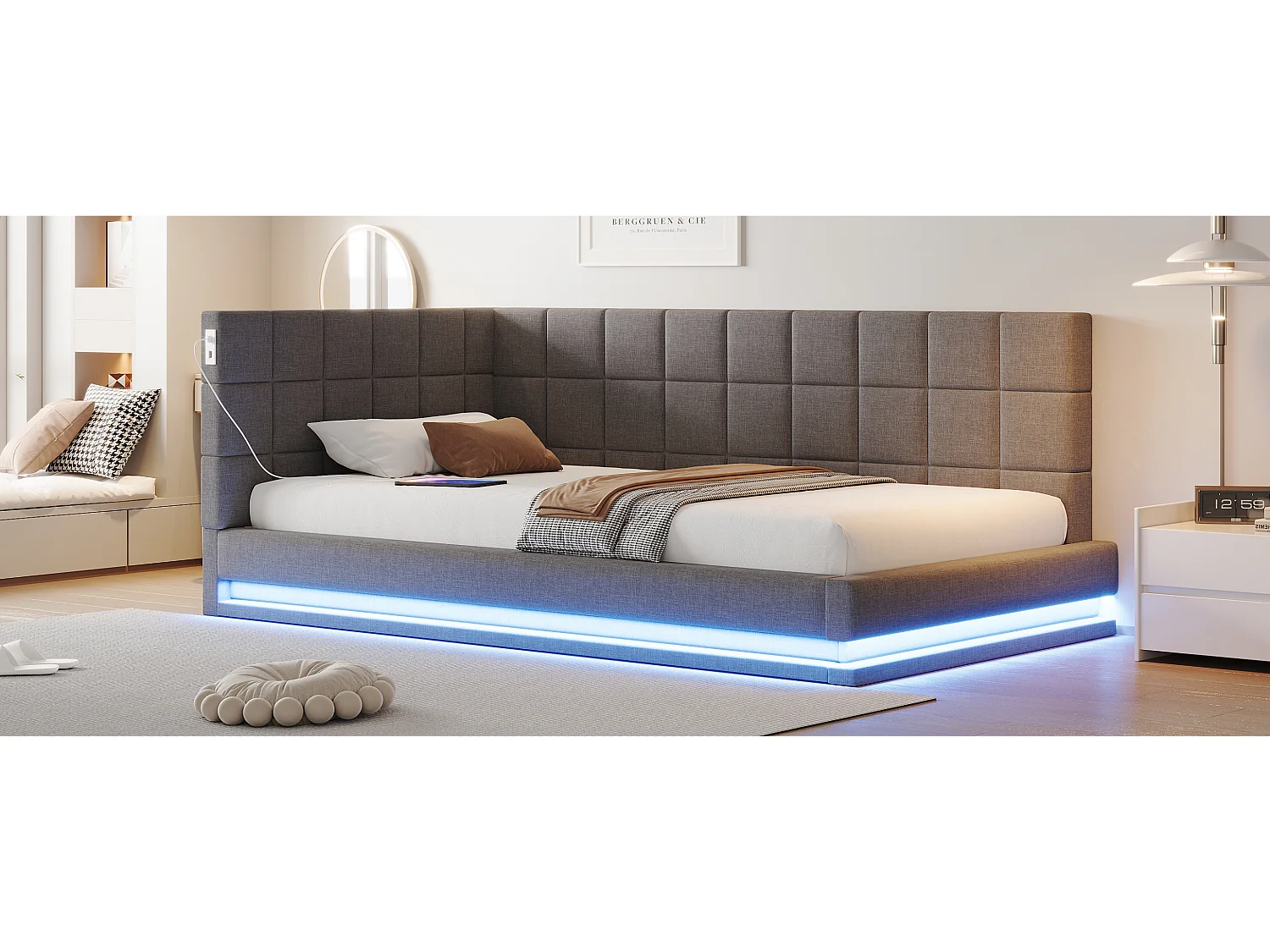 Lit de relaxation 90×200 cm en lin gris avec échelle, barrière de sécurité, éclairage LED et prise USB