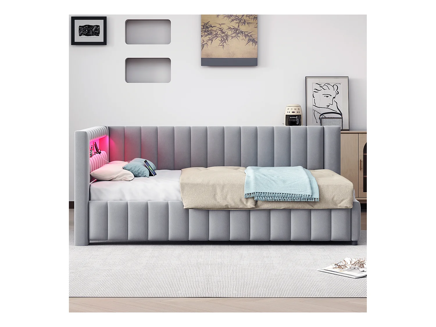 Lit d'appoint L en velours 140x200 cm avec éclairage LED et port USB, gris, confortable et pratique