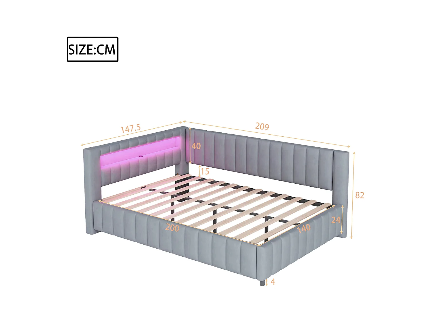 Lit d'appoint L en velours 140x200 cm avec éclairage LED et port USB, gris, confortable et pratique