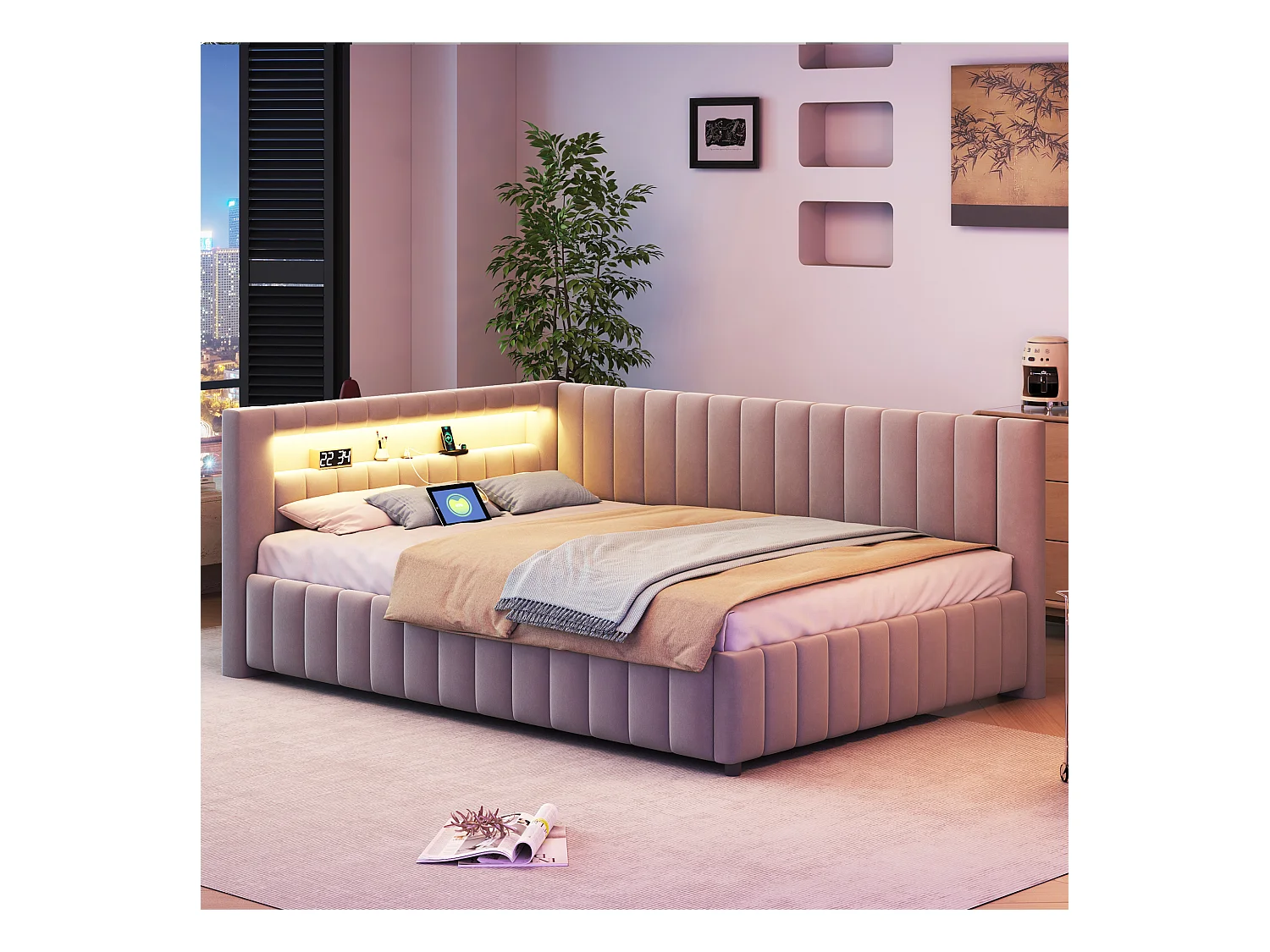 Lit d'appoint L en velours 140x200 cm avec éclairage LED et port USB, gris, confortable et pratique