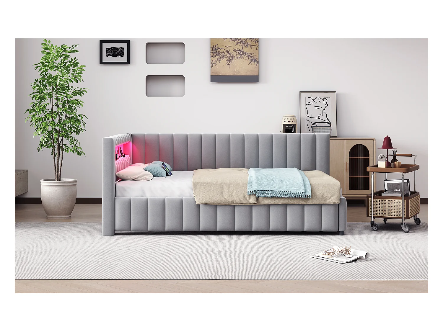 Lit d'appoint L en velours 140x200 cm avec éclairage LED et port USB, gris, confortable et pratique