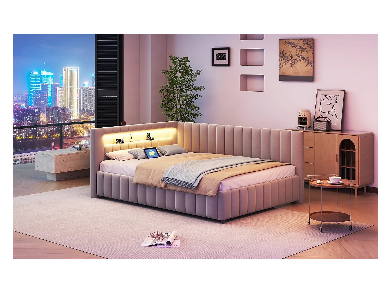 Lit d'appoint L en velours 140x200 cm avec éclairage LED et port USB, gris, confortable et pratique