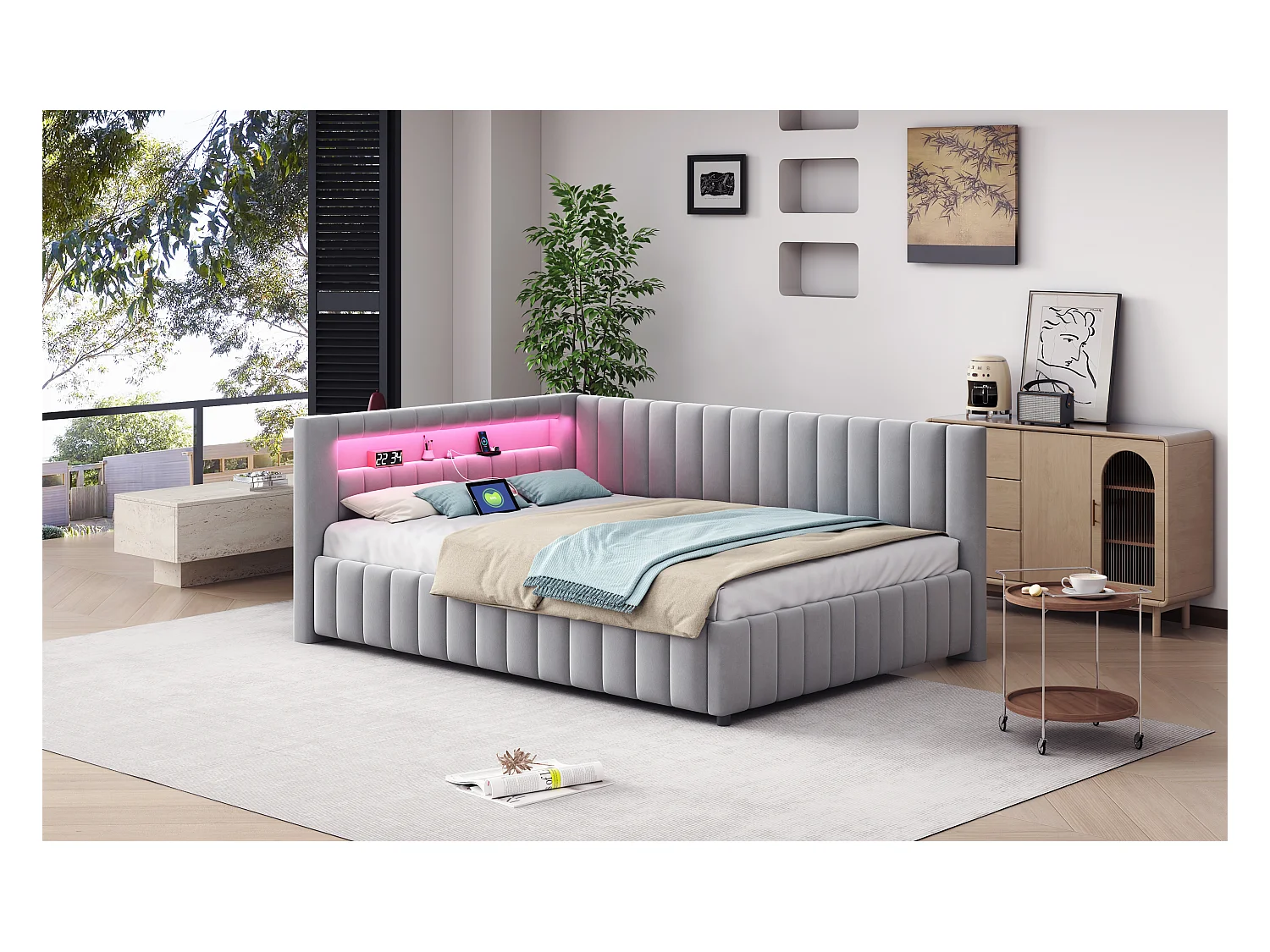 Lit d'appoint L en velours 140x200 cm avec éclairage LED et port USB, gris, confortable et pratique
