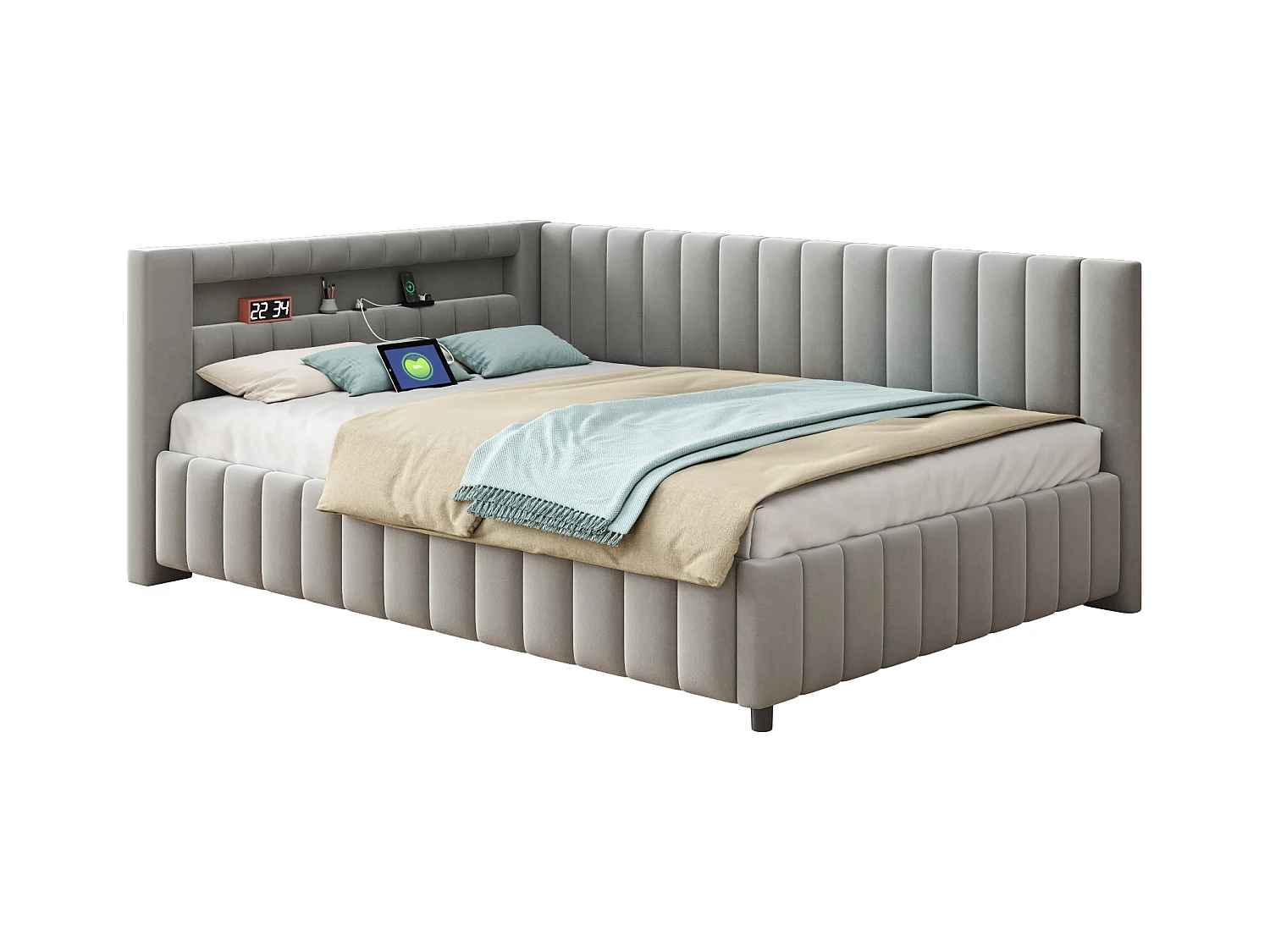 Lit d'appoint L en velours 140x200 cm avec éclairage LED et port USB, gris, confortable et pratique