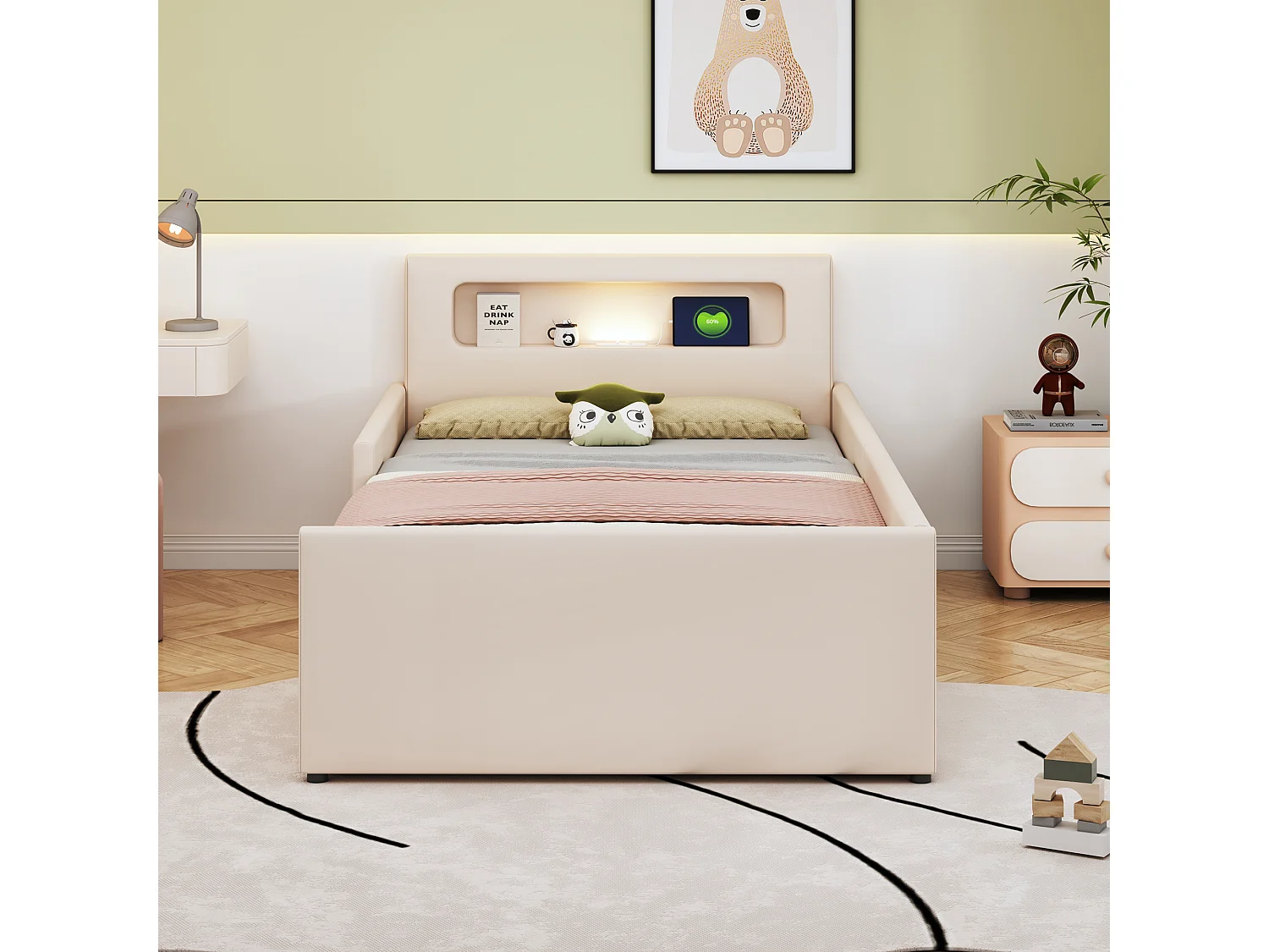 Lit enfant rembourré 90×200 cm, avec lumière nocturne et port USB, tiroirs de rangement, sécurité renforcée