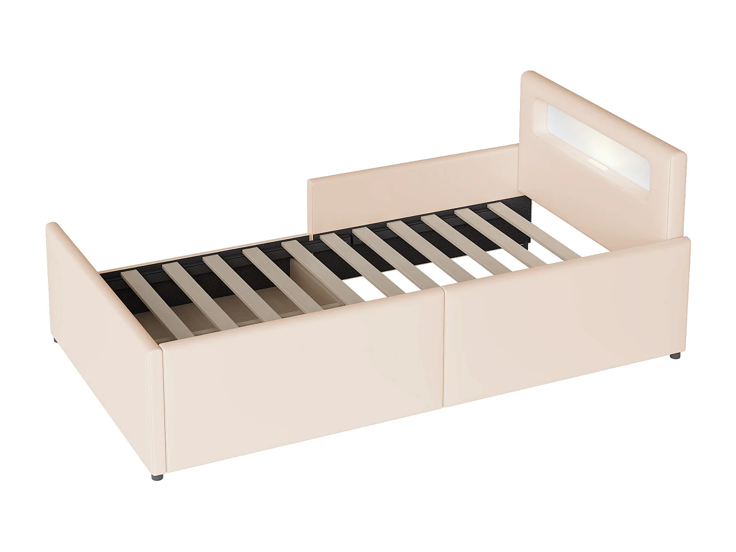 Lit enfant rembourré 90×200 cm, avec lumière nocturne et port USB, tiroirs de rangement, sécurité renforcée