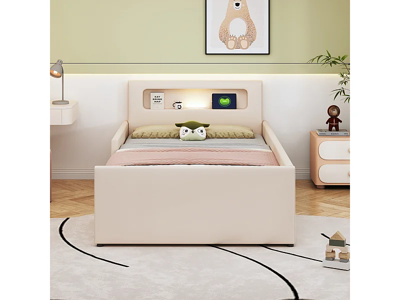 Lit enfant rembourré 90×200 cm, avec lumière nocturne et port USB, tiroirs de rangement, sécurité renforcée