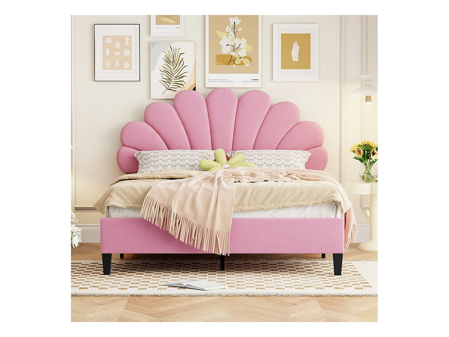 Lit rembourré 140x200 cm tête en forme de fleurs, sommier inclus, velours rose, adulte ou junior