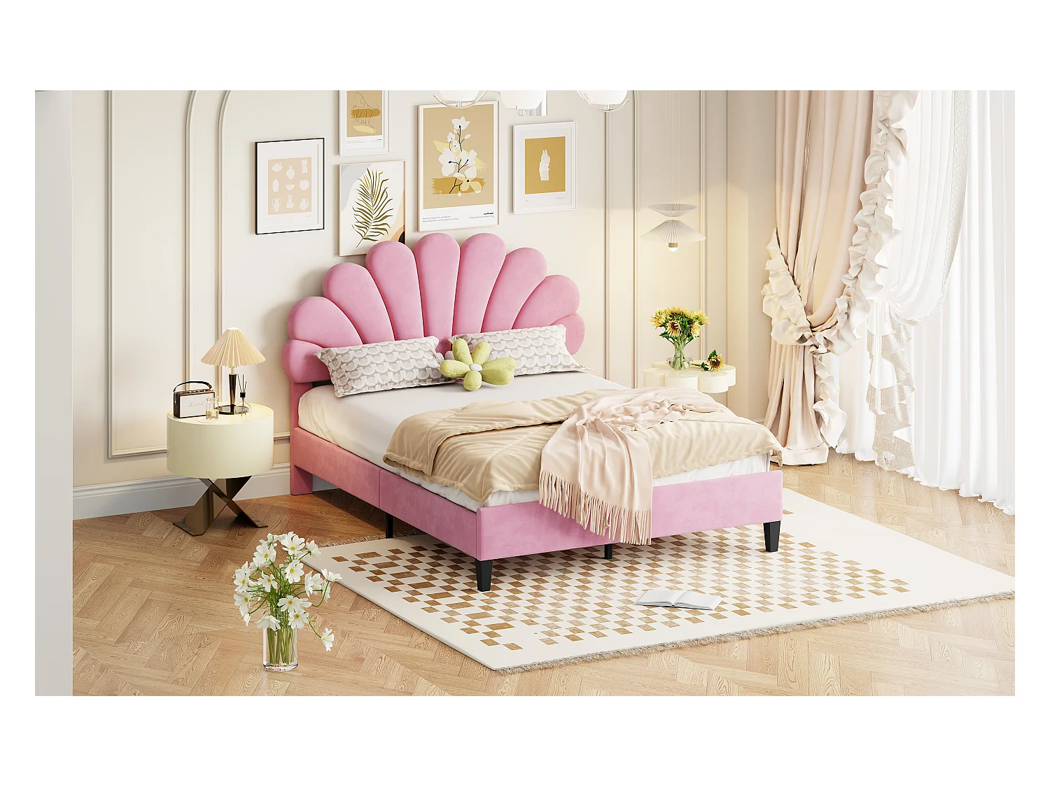 Lit rembourré 140x200 cm tête en forme de fleurs, sommier inclus, velours rose, adulte ou junior