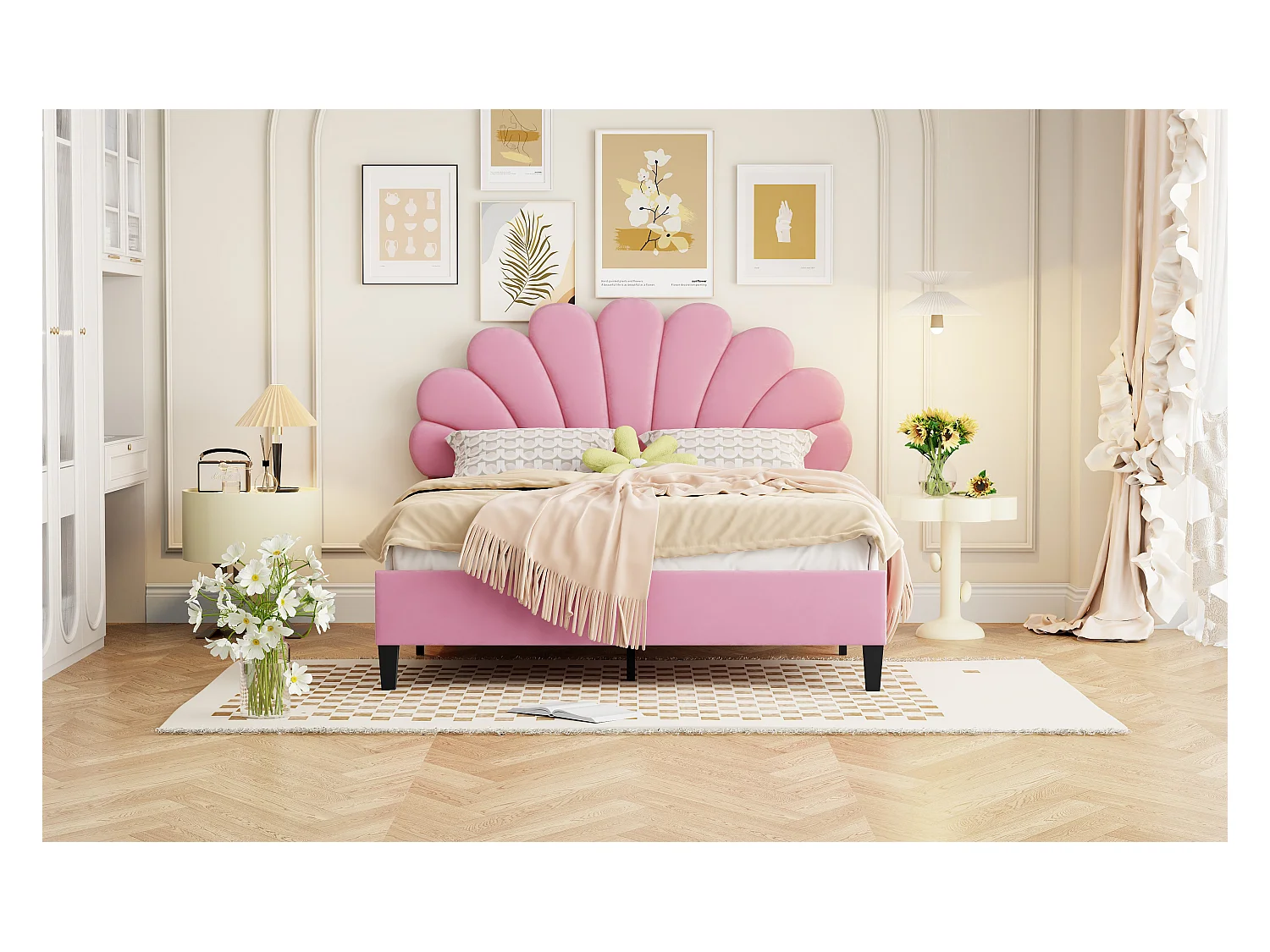 Lit rembourré 140x200 cm tête en forme de fleurs, sommier inclus, velours rose, adulte ou junior