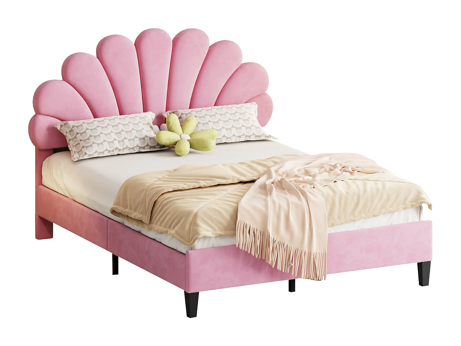 Lit rembourré 140x200 cm tête en forme de fleurs, sommier inclus, velours rose, adulte ou junior