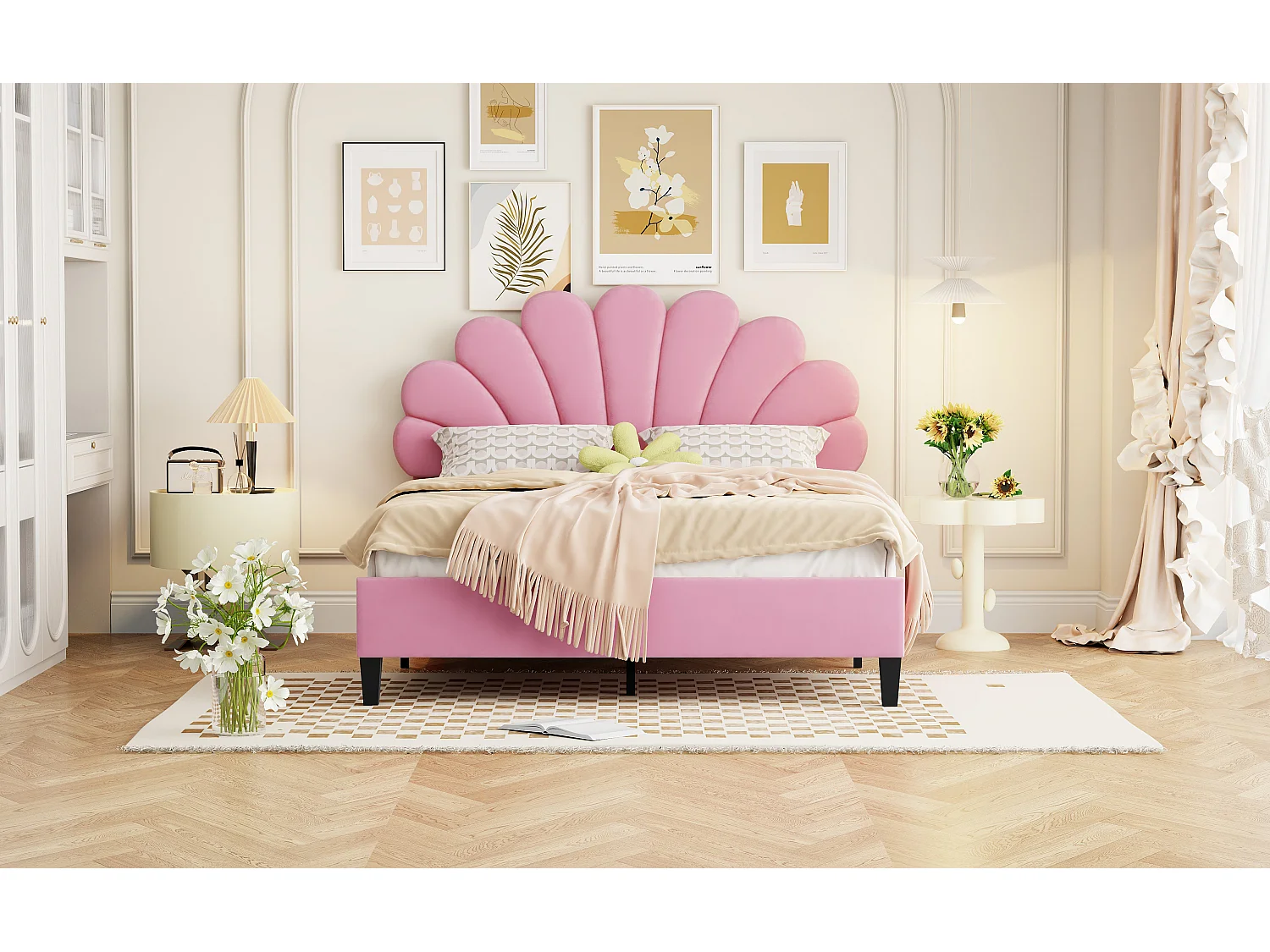 Lit rembourré 140x200 cm tête en forme de fleurs, sommier inclus, velours rose, adulte ou junior