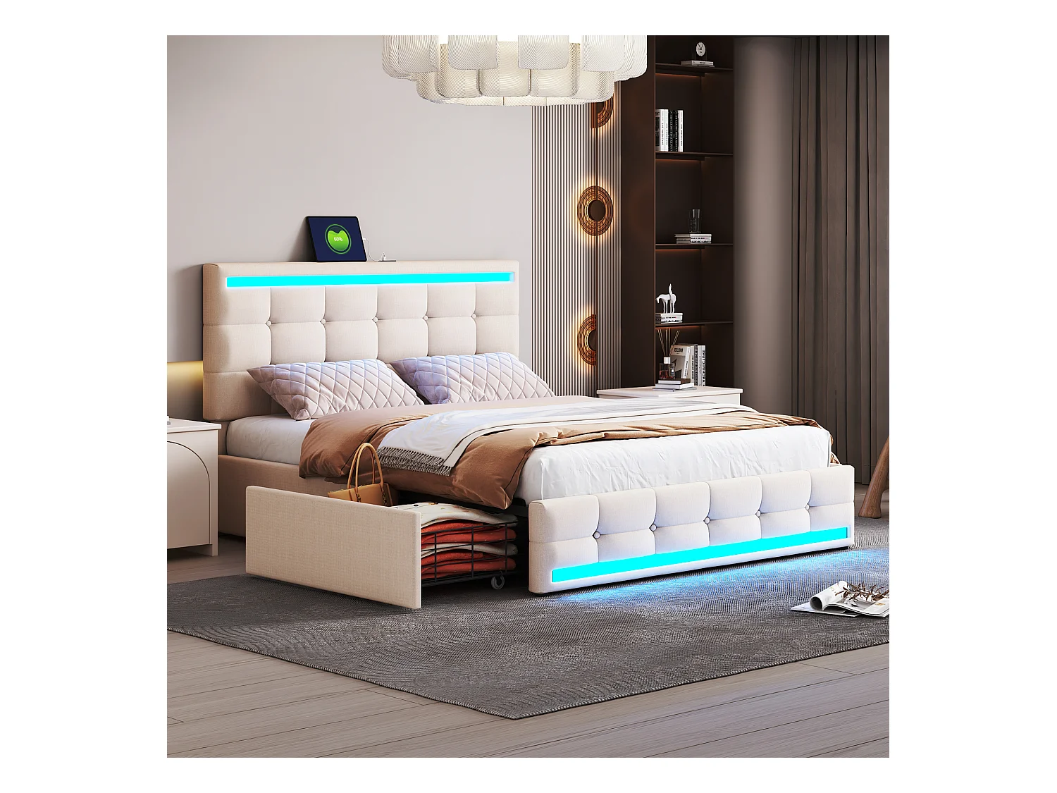 Lit rembourré 140×200 cm avec éclairage LED, 4 tiroirs et 2 ports USB, en lin beige