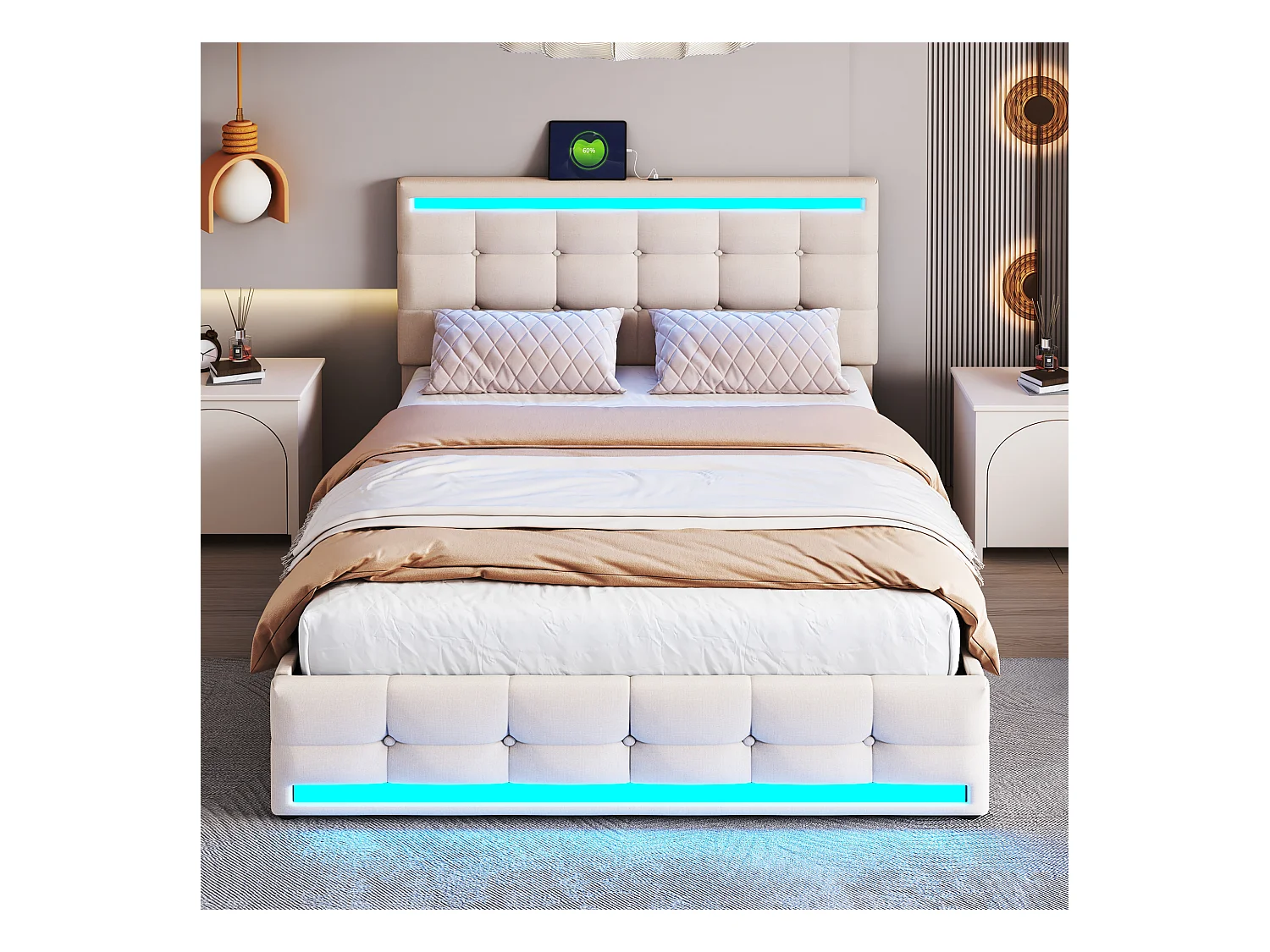 Lit rembourré 140×200 cm avec éclairage LED, 4 tiroirs et 2 ports USB, en lin beige