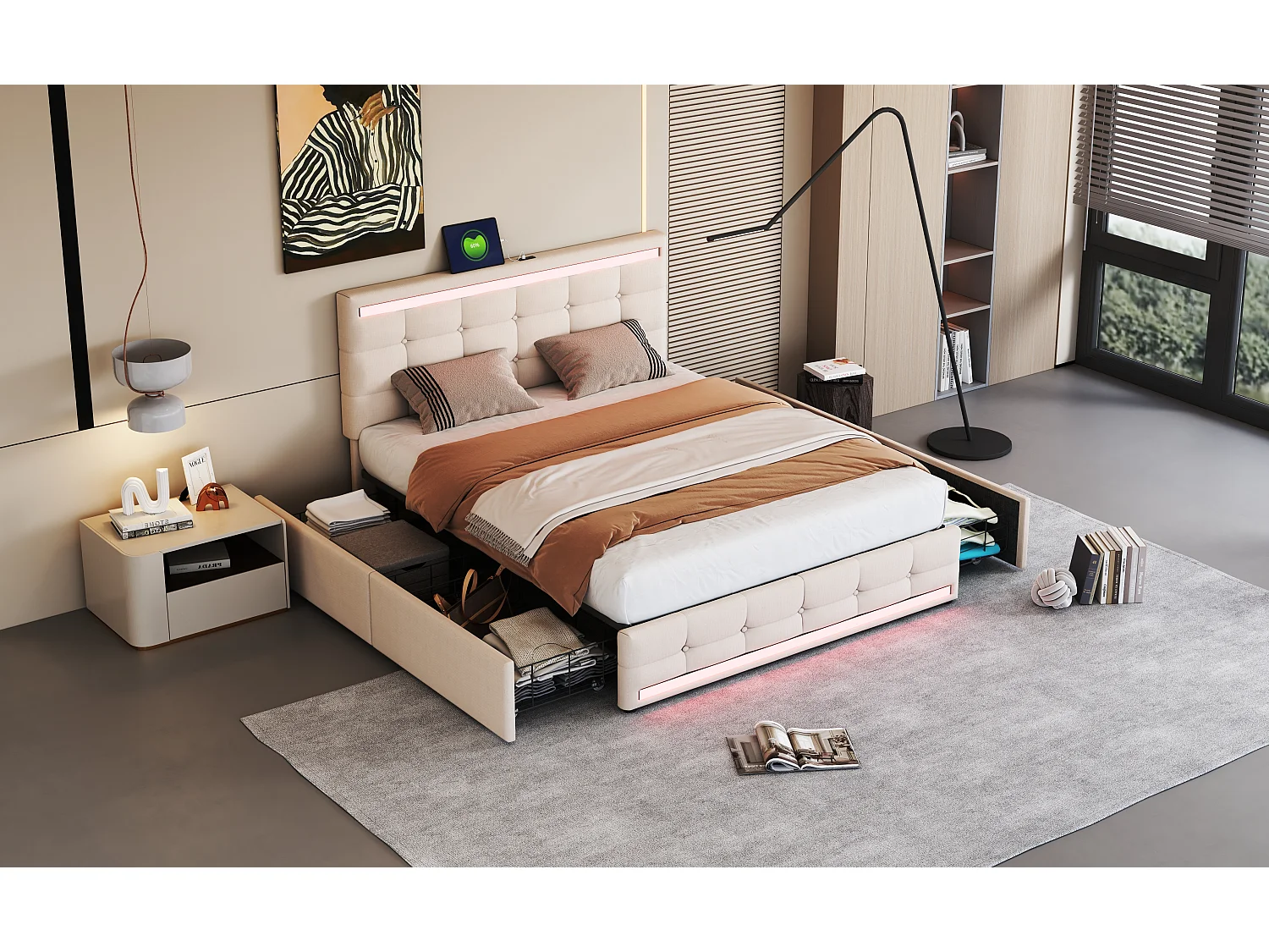 Lit rembourré 140×200 cm avec éclairage LED, 4 tiroirs et 2 ports USB, en lin beige