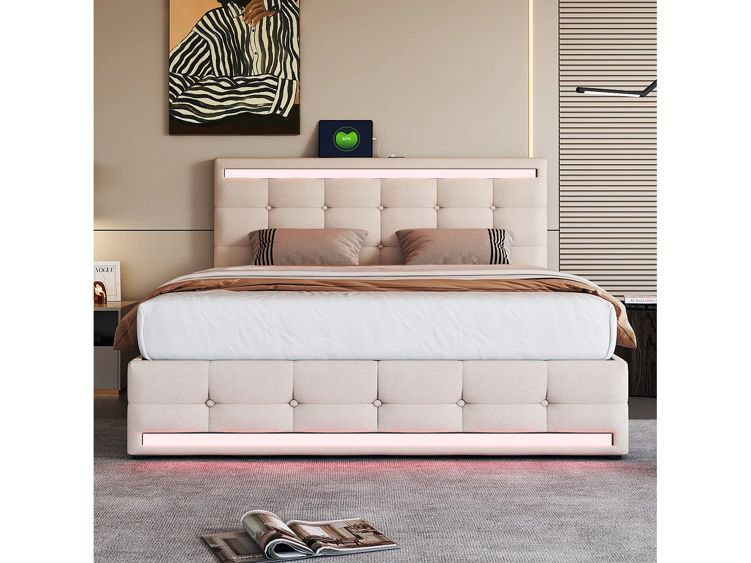 Lit rembourré 140×200 cm avec éclairage LED, 4 tiroirs et 2 ports USB, en lin beige