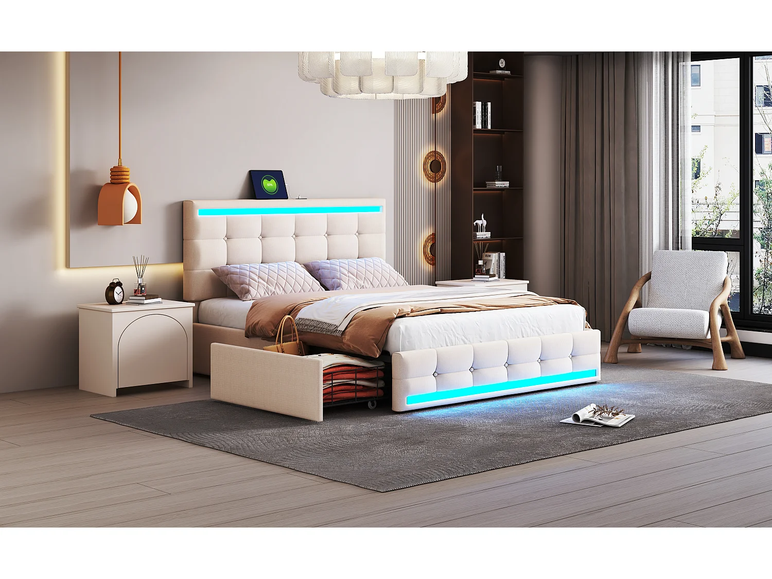 Lit rembourré 140×200 cm avec éclairage LED, 4 tiroirs et 2 ports USB, en lin beige