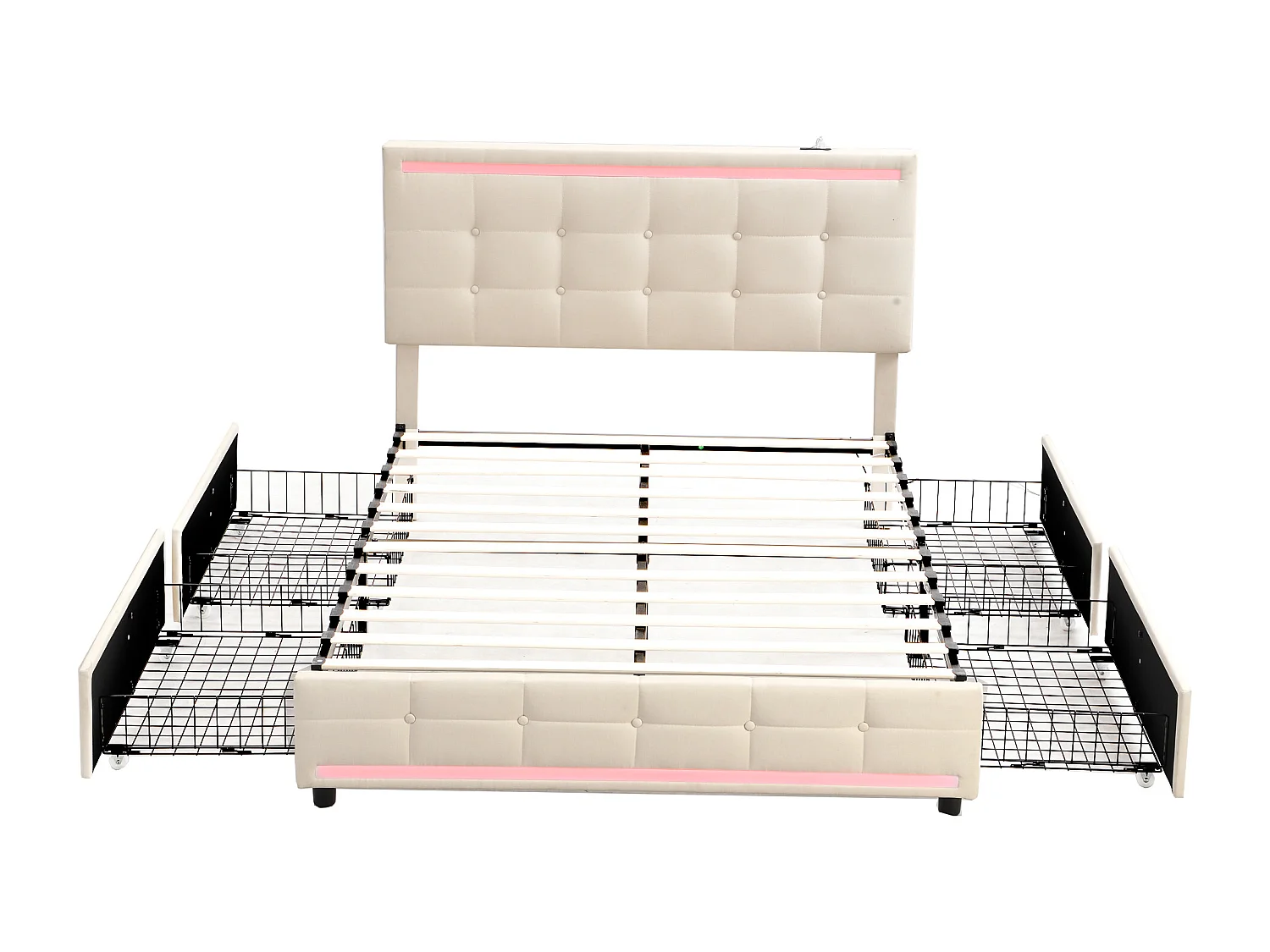 Lit rembourré 140×200 cm avec éclairage LED, 4 tiroirs et 2 ports USB, en lin beige