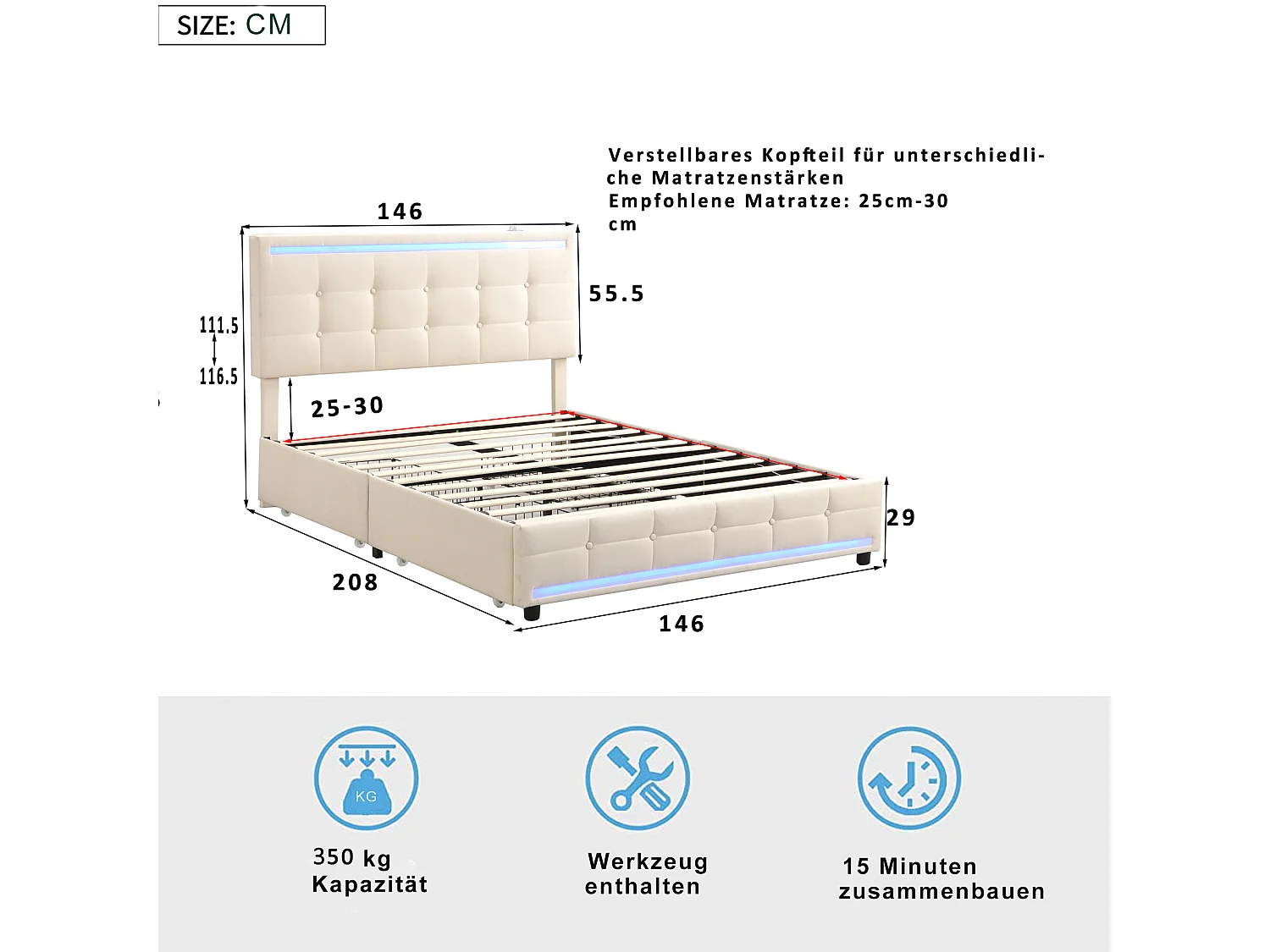 Lit rembourré 140×200 cm avec éclairage LED, 4 tiroirs et 2 ports USB, en lin beige