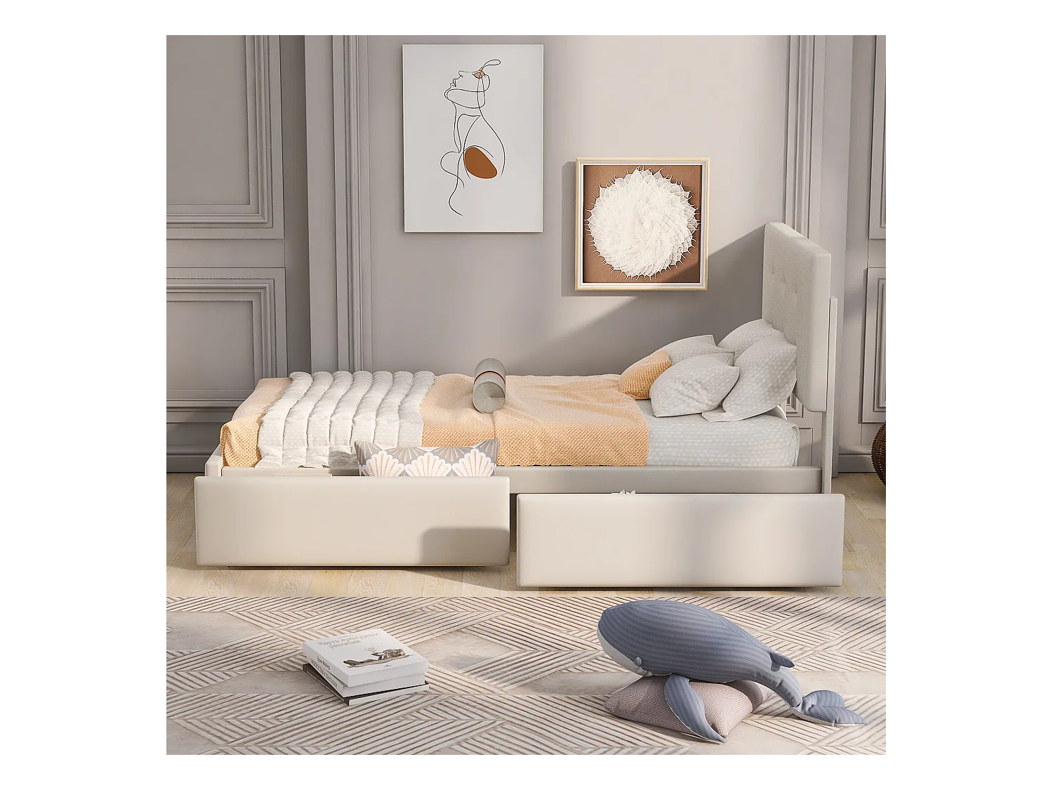 Lit rembourré 90x200 cm avec tiroirs et sommier, tête rembourrée, velours beige, lit enfant