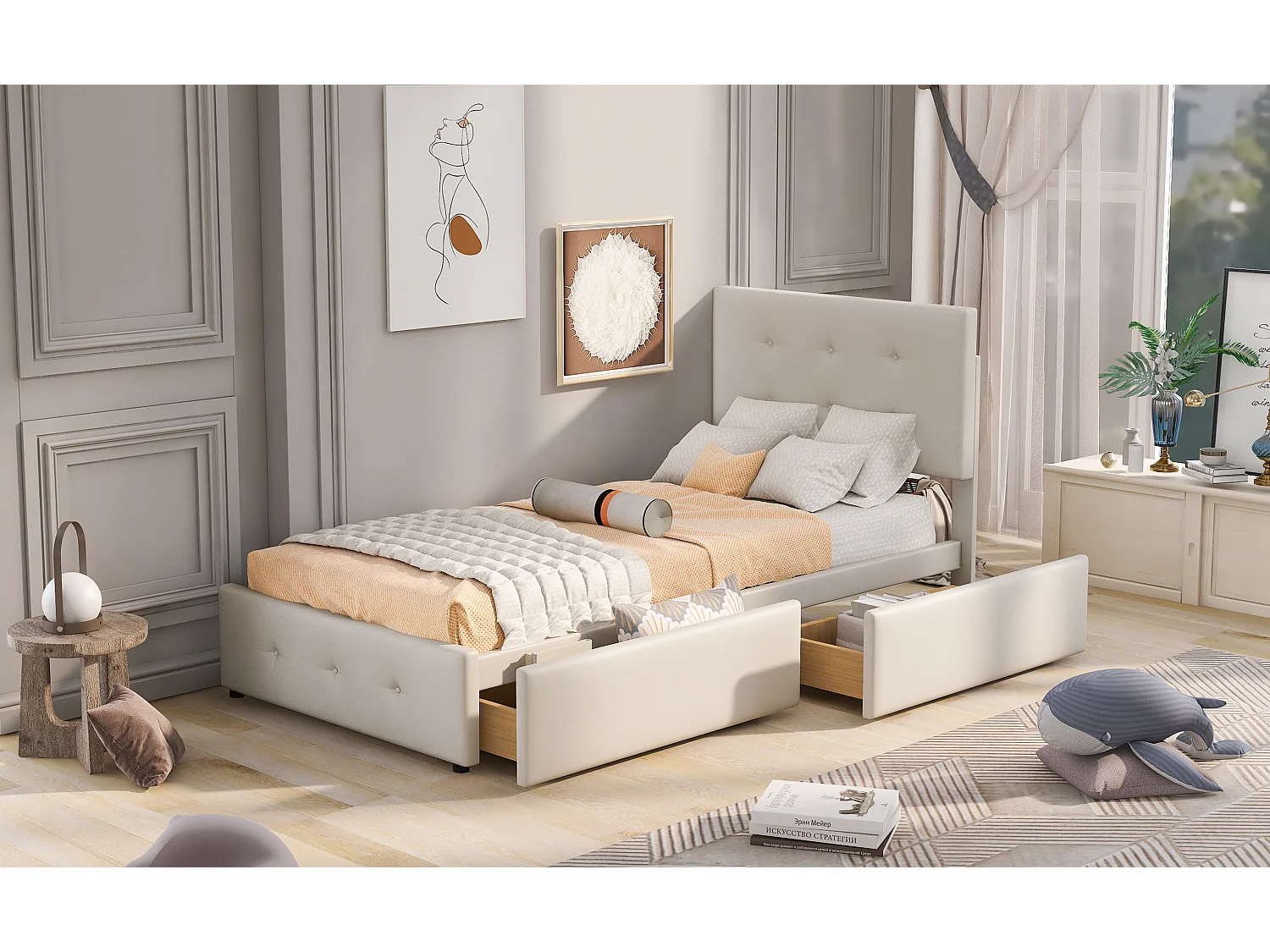 Lit rembourré 90x200 cm avec tiroirs et sommier, tête rembourrée, velours beige, lit enfant