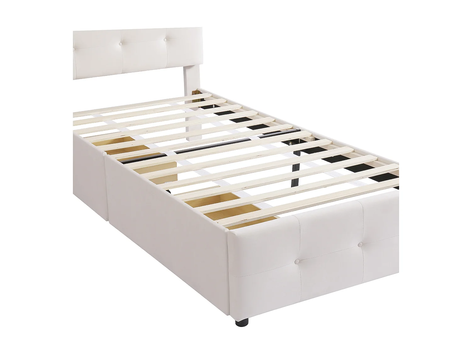 Lit rembourré 90x200 cm avec tiroirs et sommier, tête rembourrée, velours beige, lit enfant