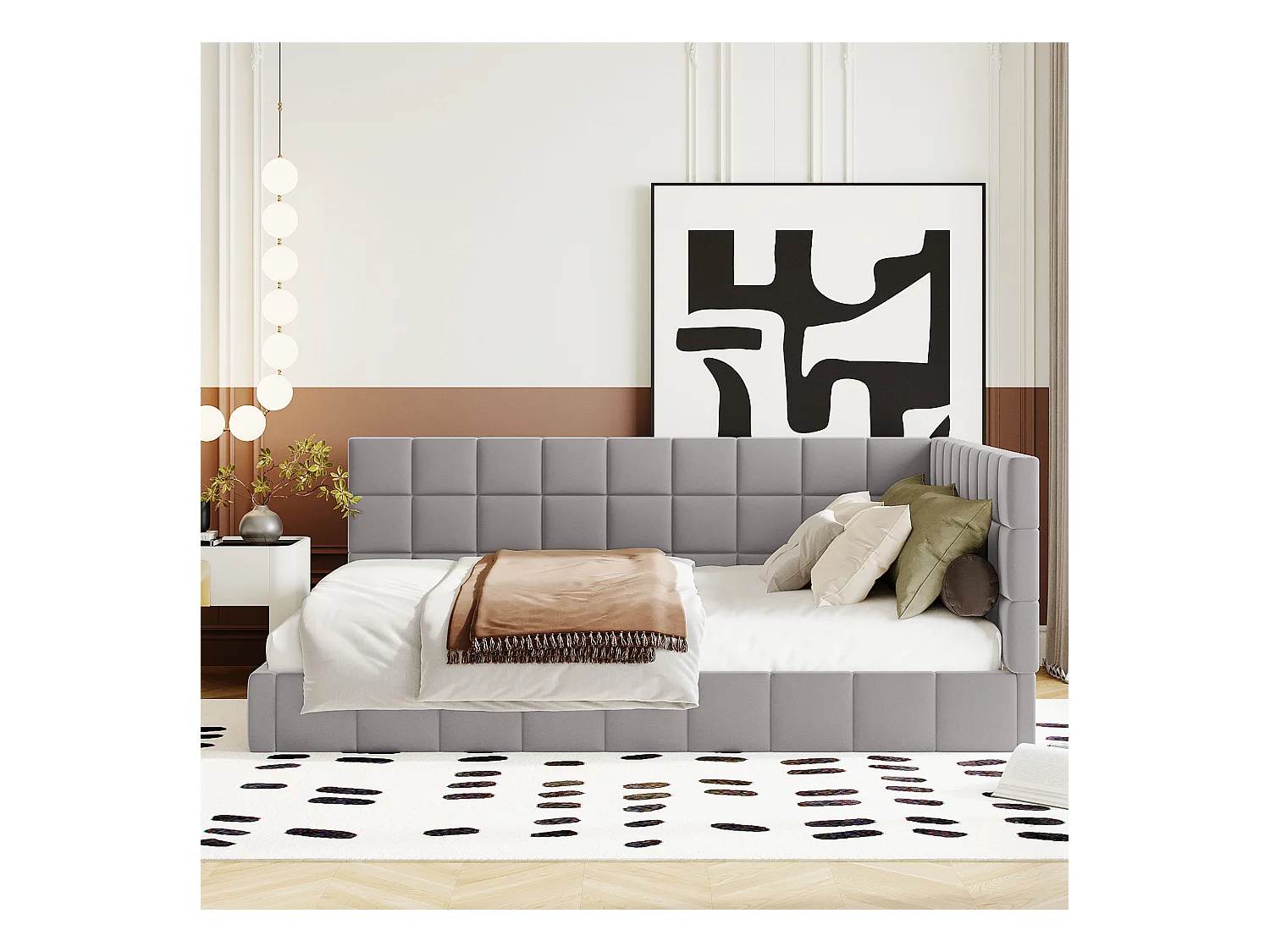 Lit multifonctionnel 140×200 cm en velours gris avec échelle et barrières de sécurité