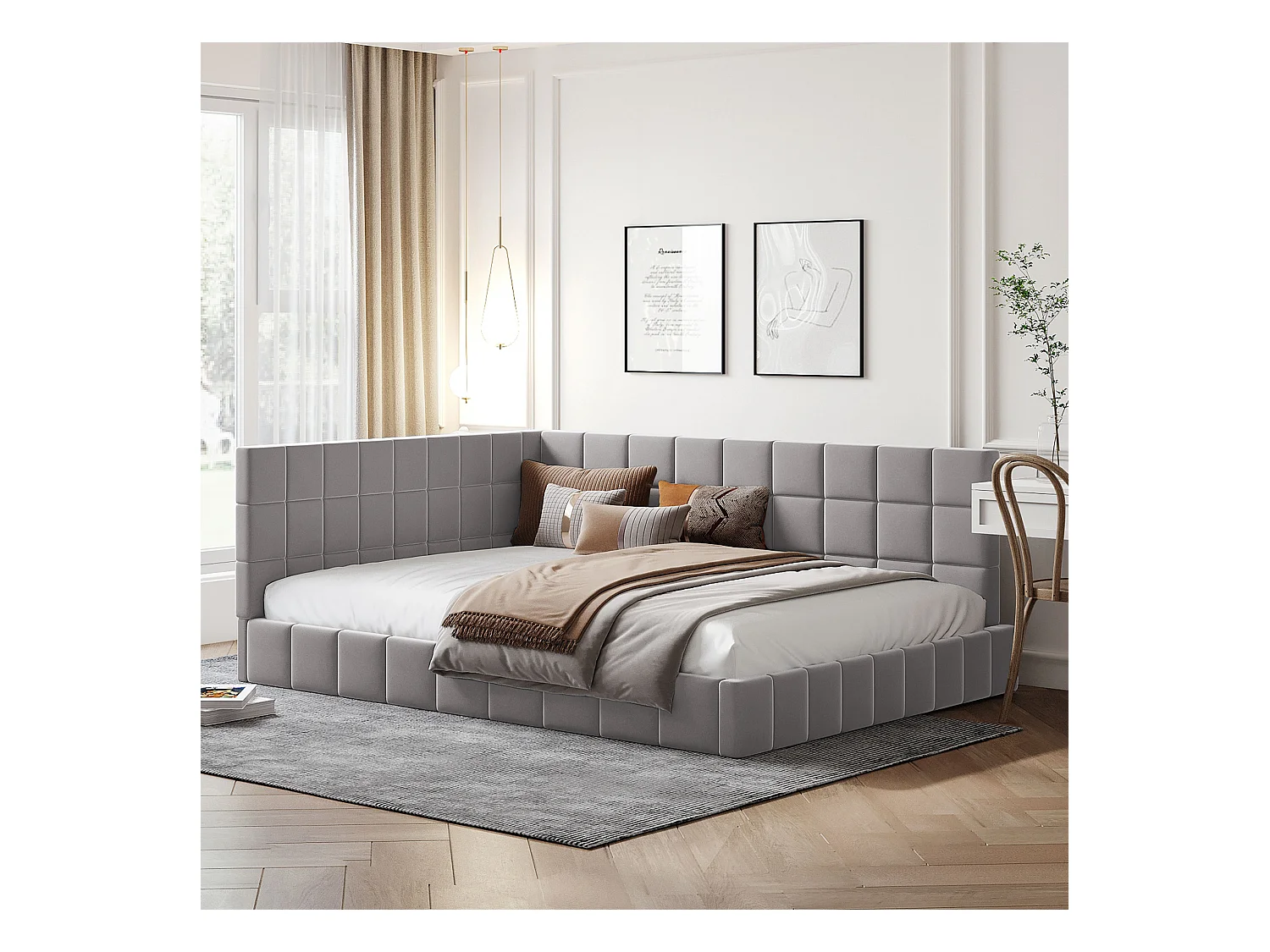 Lit multifonctionnel 140×200 cm en velours gris avec échelle et barrières de sécurité