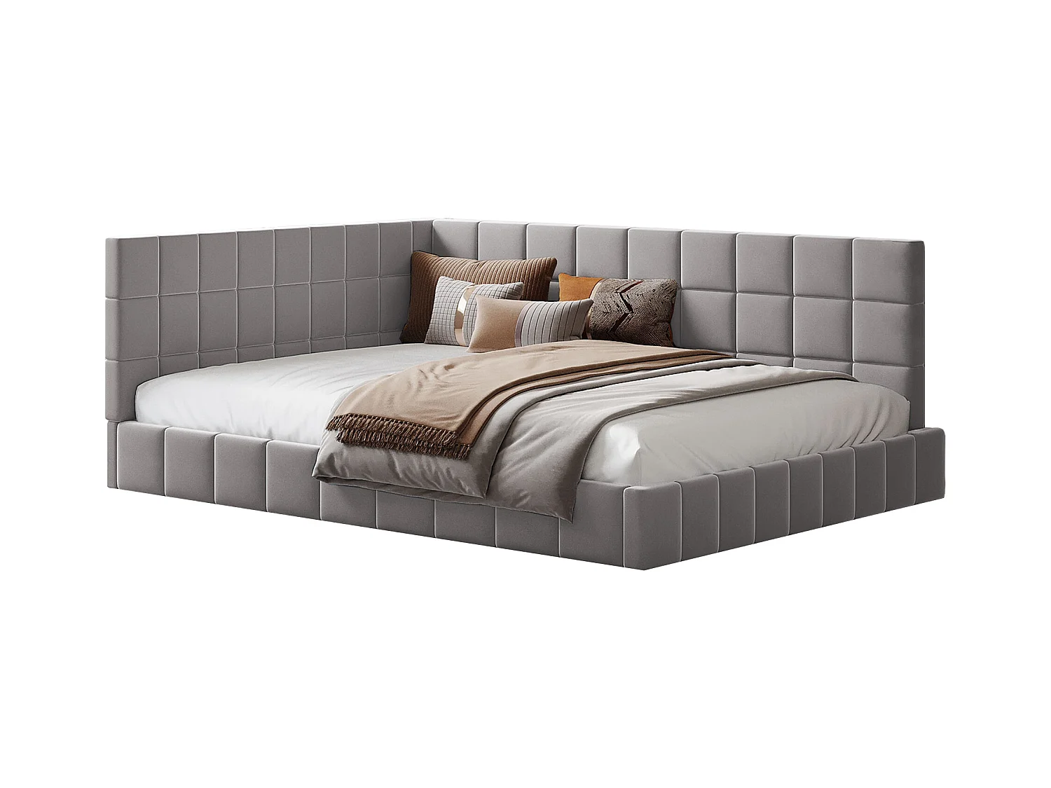 Lit multifonctionnel 140×200 cm en velours gris avec échelle et barrières de sécurité