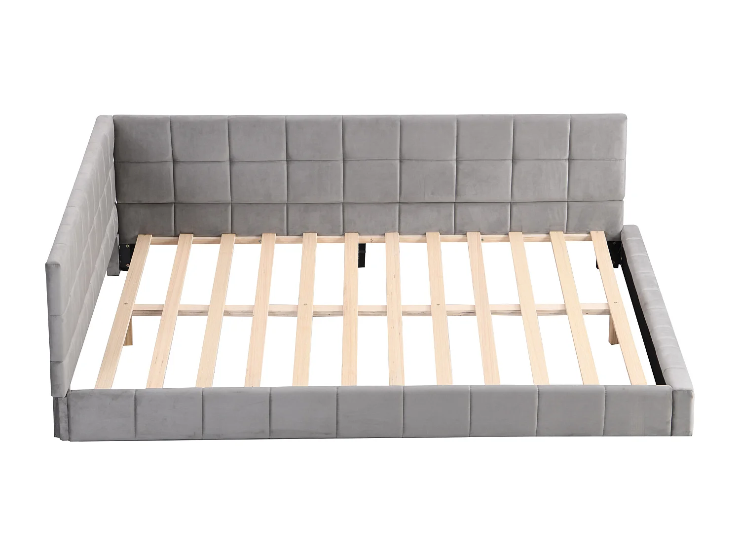 Lit multifonctionnel 140×200 cm en velours gris avec échelle et barrières de sécurité