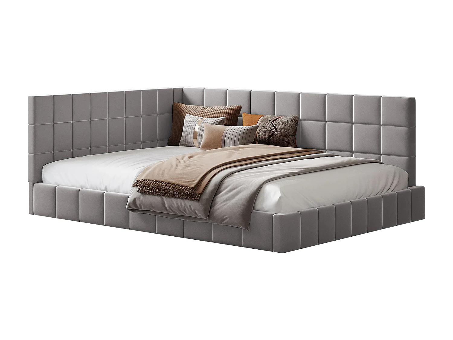 Lit multifonctionnel 140×200 cm en velours gris avec échelle et barrières de sécurité