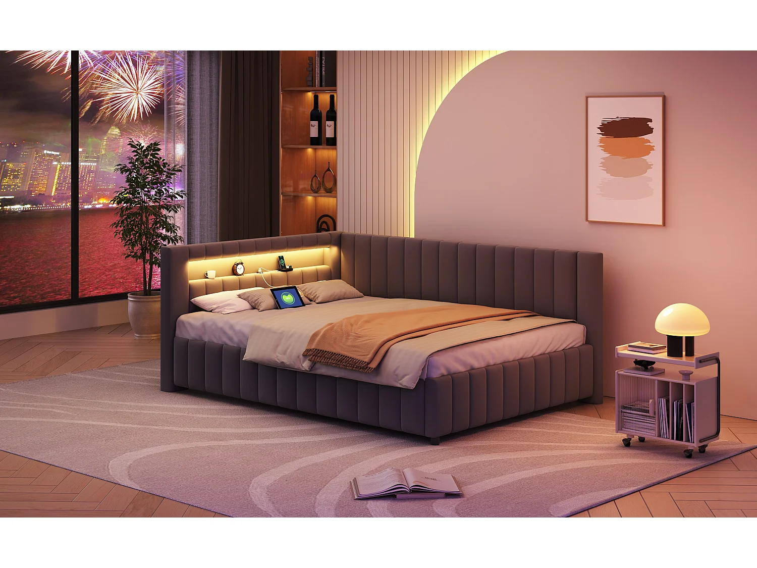 Lit d'appoint L en velours 140x200 cm, avec éclairage LED et port USB, cadre robuste, gris