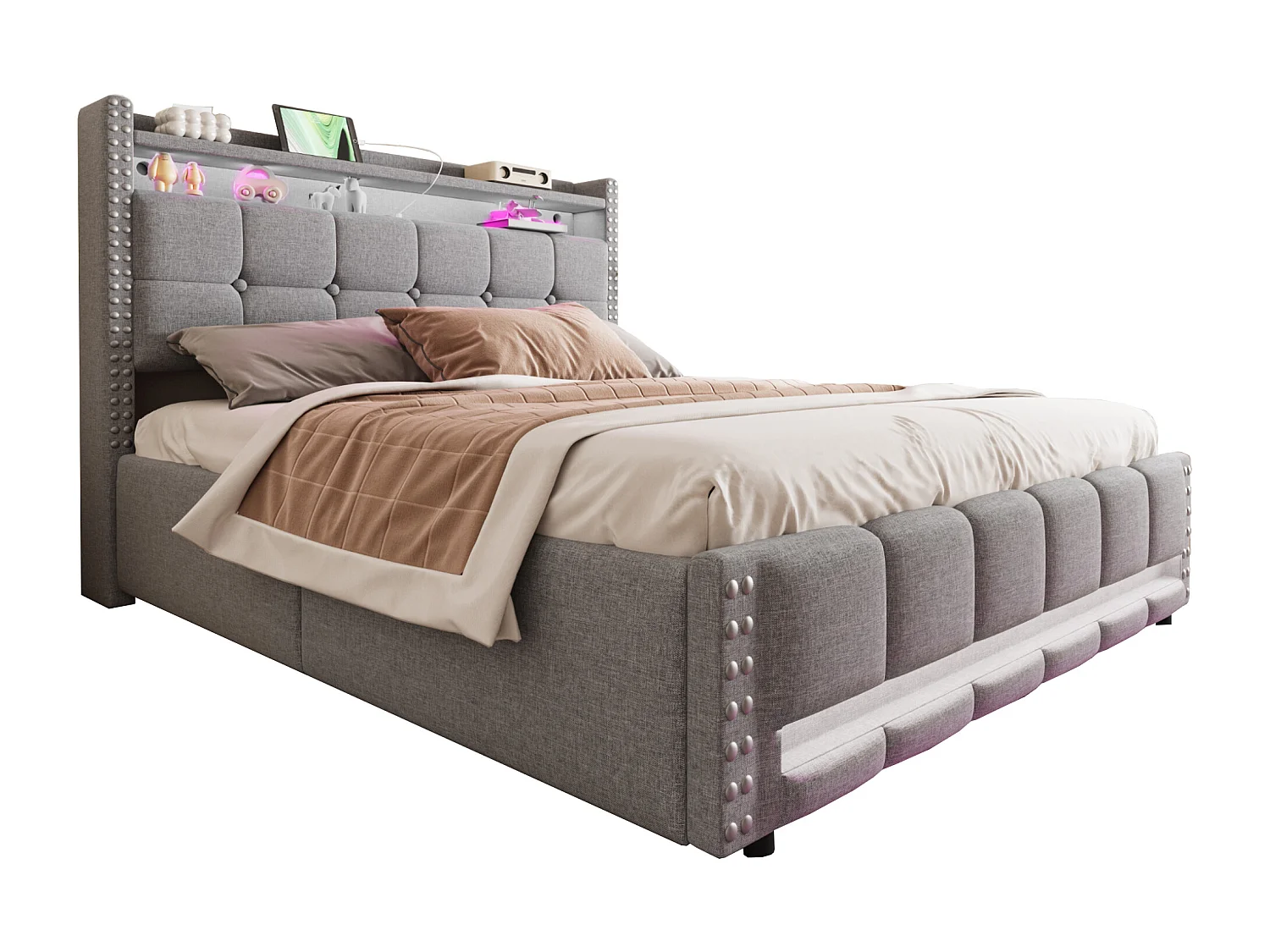 Lit rembourré 160×200 cm avec éclairage LED et prise USB, tête de lit avec étagères et rangement, gris clair