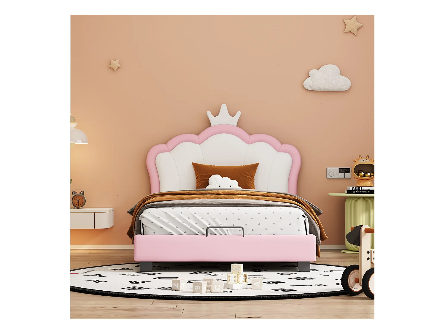 Lit pour enfant rembourré 90×200 cm avec échelle et barrières de sécurité, lit rose en forme de couronne