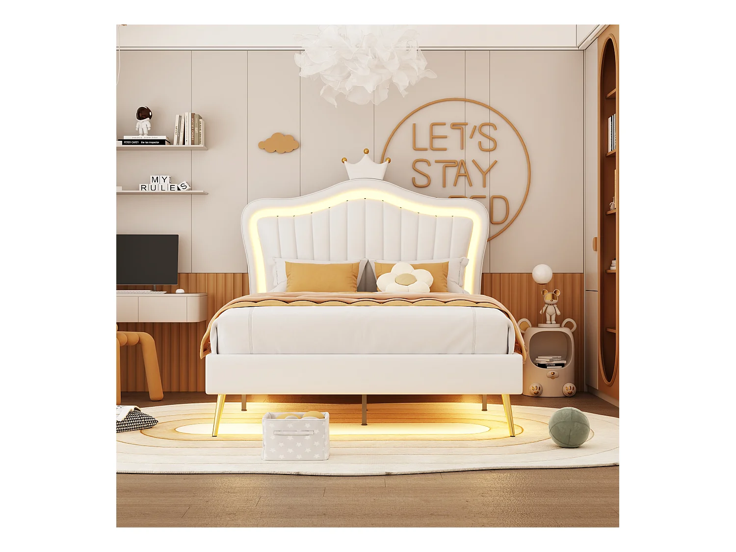 Lit rembourré 90x200 cm, lit fille couronne blanche, PU cuir, LED, tiroirs et sommier inclus