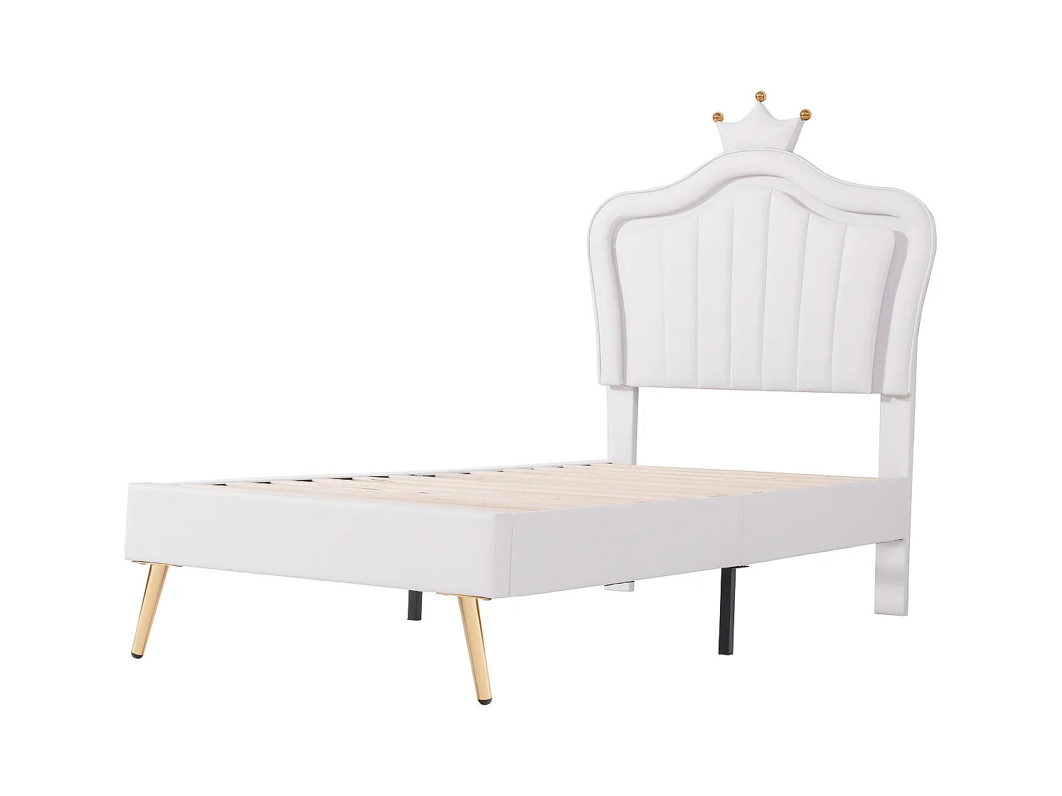 Lit rembourré 90x200 cm, lit fille couronne blanche, PU cuir, LED, tiroirs et sommier inclus