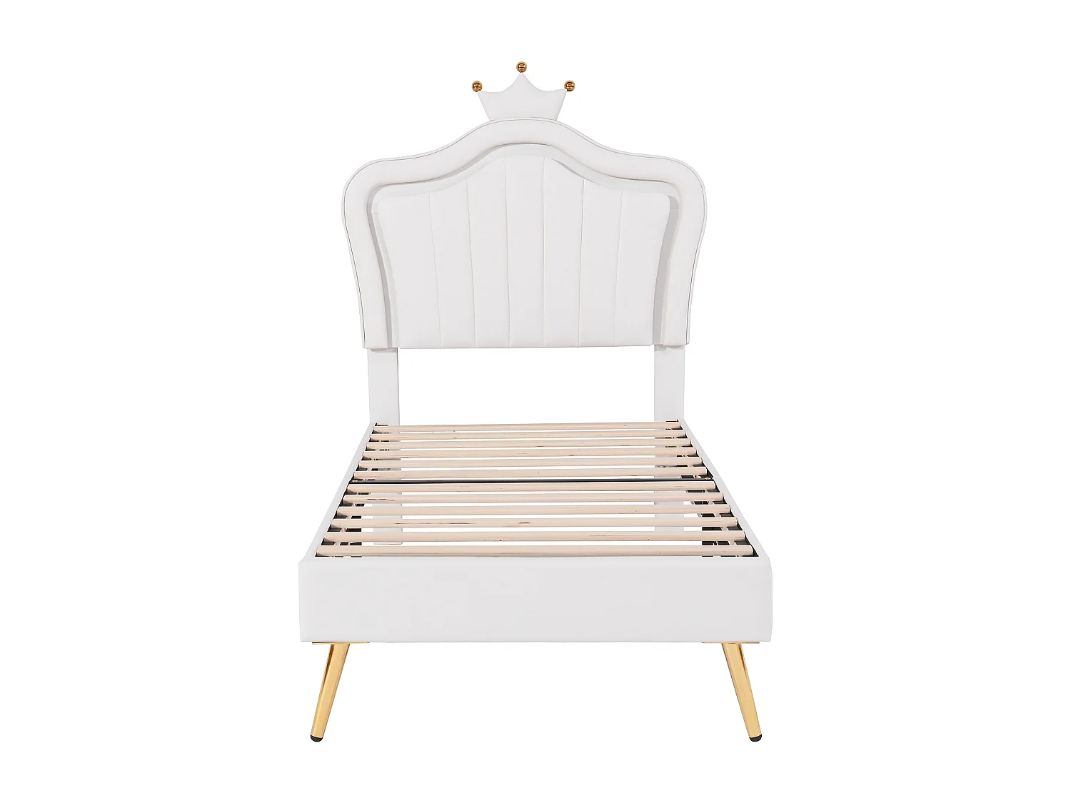 Lit rembourré 90x200 cm, lit fille couronne blanche, PU cuir, LED, tiroirs et sommier inclus