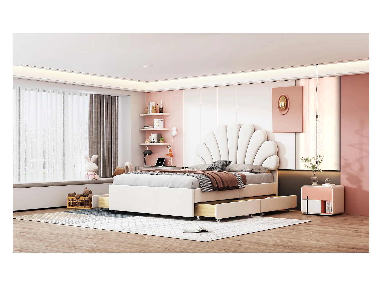 Lit rembourré 140x200 cm, cadre avec tête fleurie, sommier et rangements, velours beige, lit adulte et junior