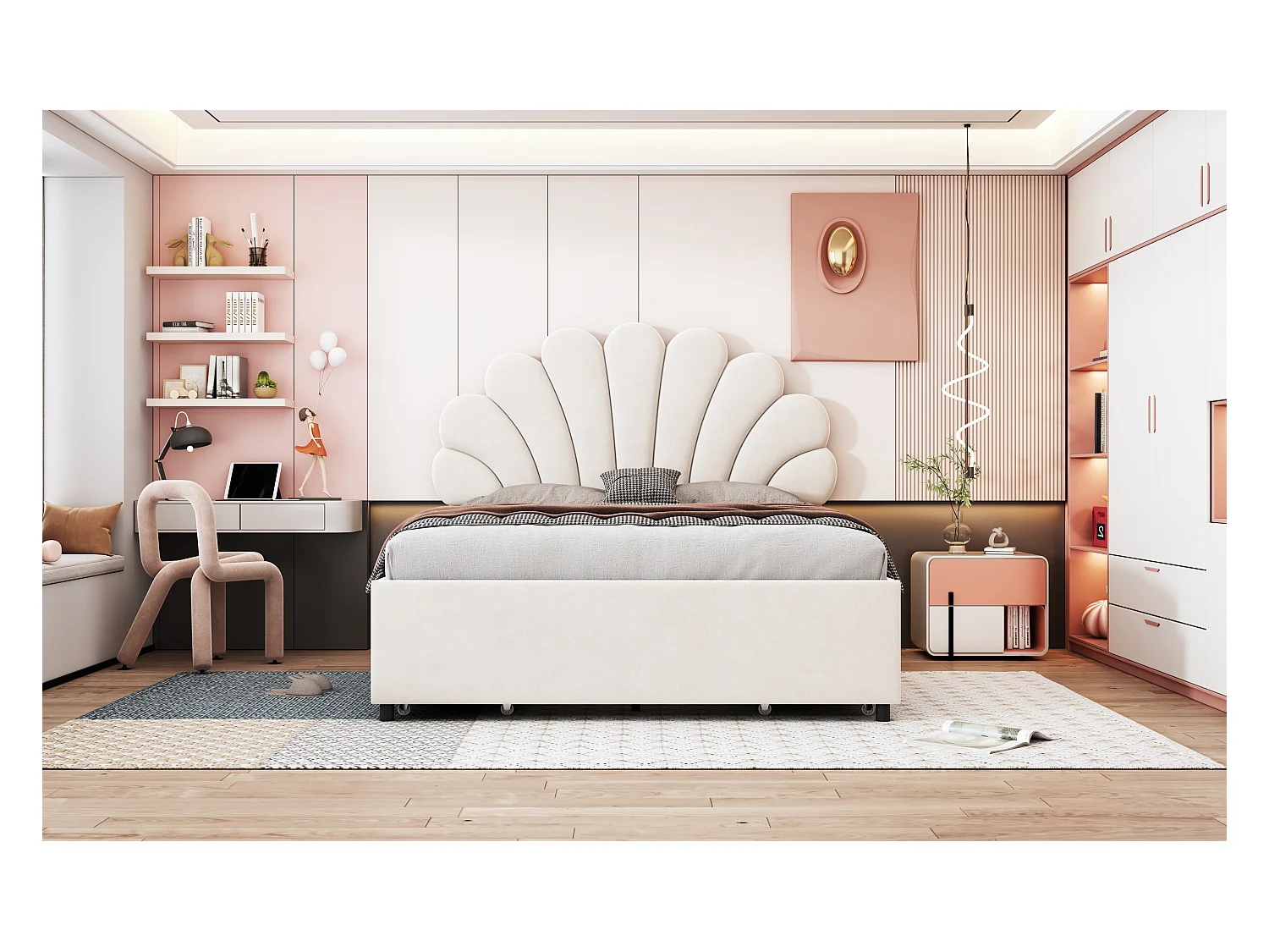 Lit rembourré 140x200 cm, cadre avec tête fleurie, sommier et rangements, velours beige, lit adulte et junior