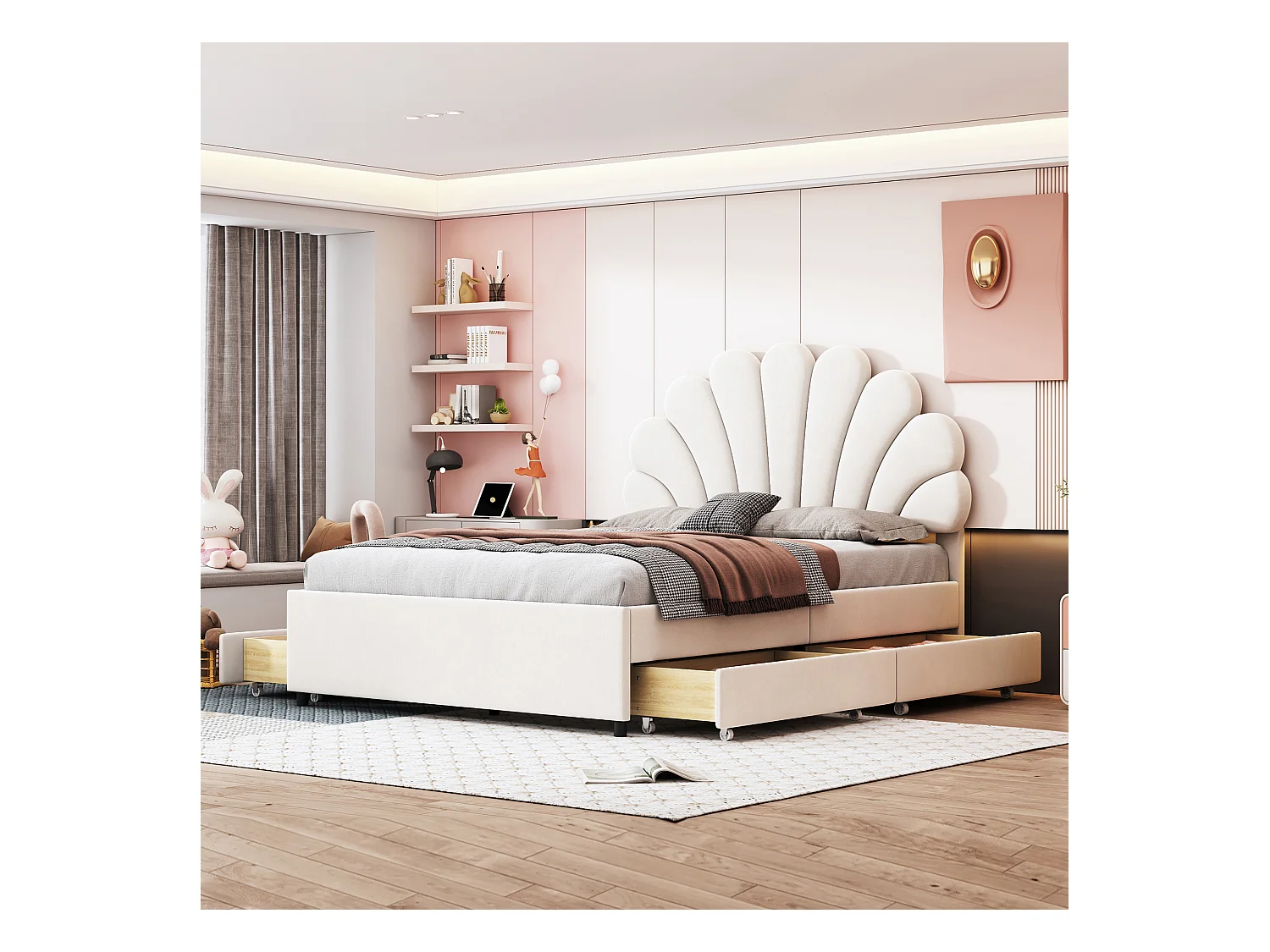 Lit rembourré 140x200 cm, cadre avec tête fleurie, sommier et rangements, velours beige, lit adulte et junior
