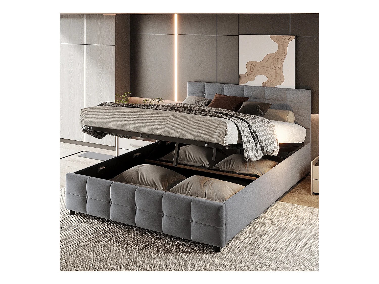 Lit rembourré 180x200 cm, sommier inclus, coffre hydraulique, velours gris, design pratique