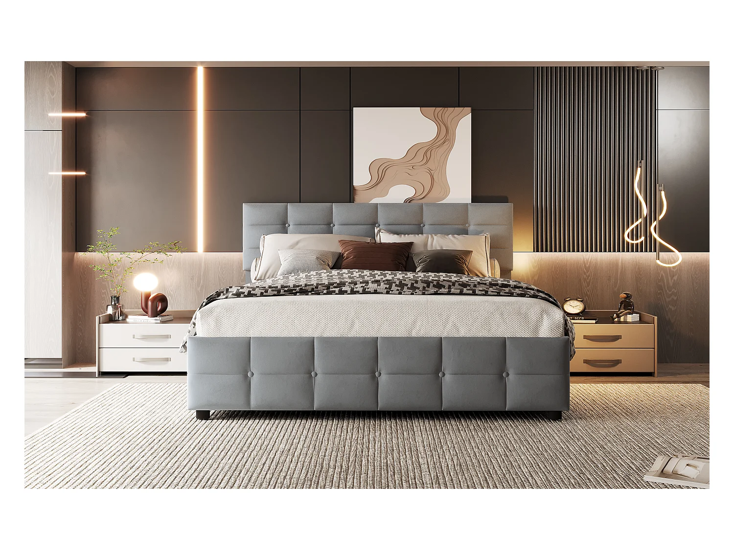 Lit rembourré 180x200 cm, sommier inclus, coffre hydraulique, velours gris, design pratique