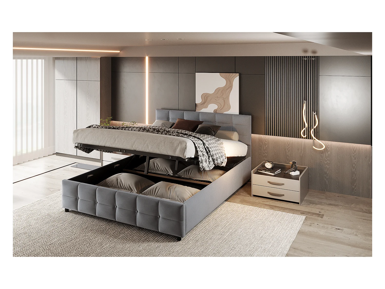 Lit rembourré 180x200 cm, sommier inclus, coffre hydraulique, velours gris, design pratique