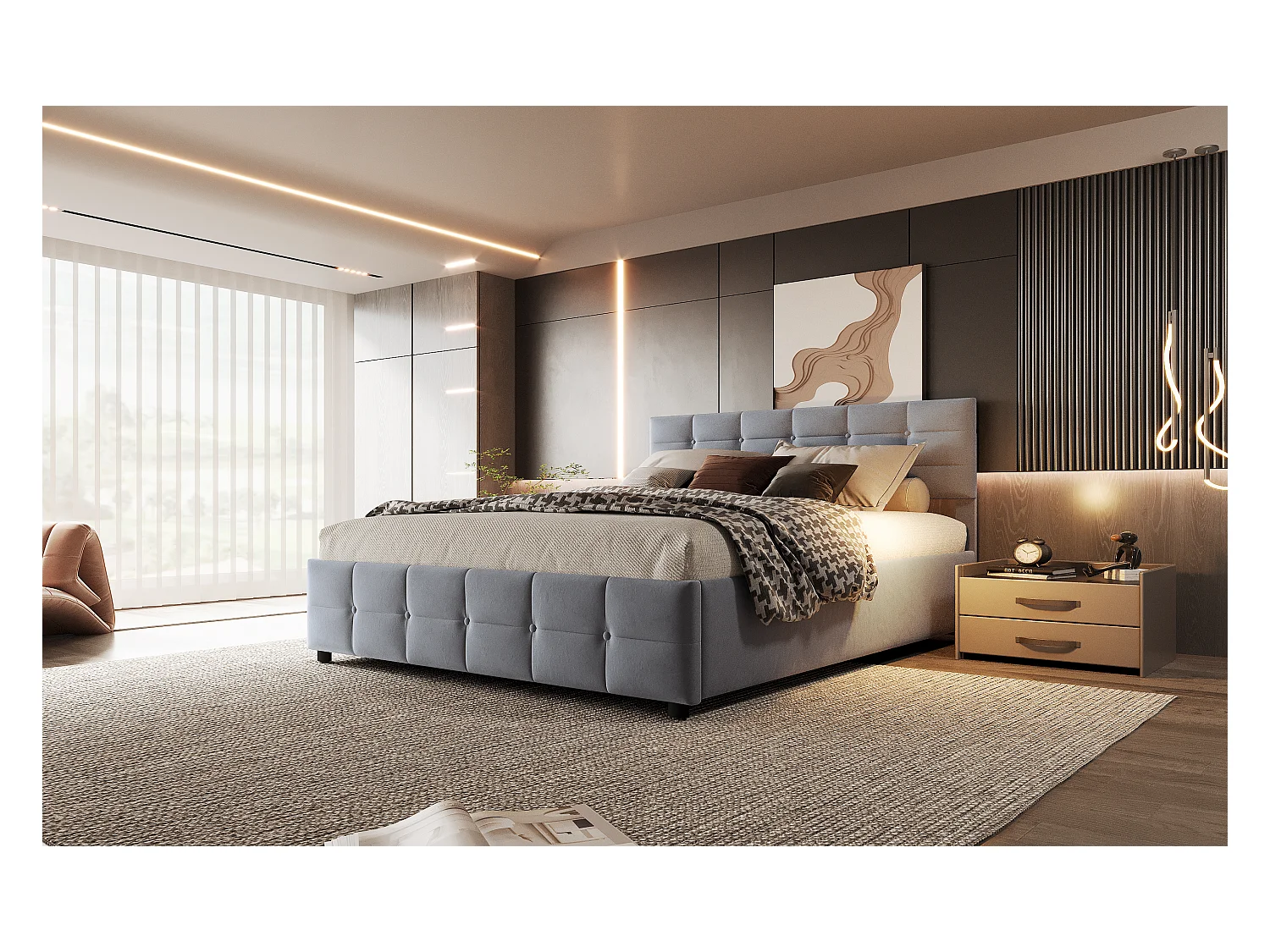 Lit rembourré 180x200 cm, sommier inclus, coffre hydraulique, velours gris, design pratique