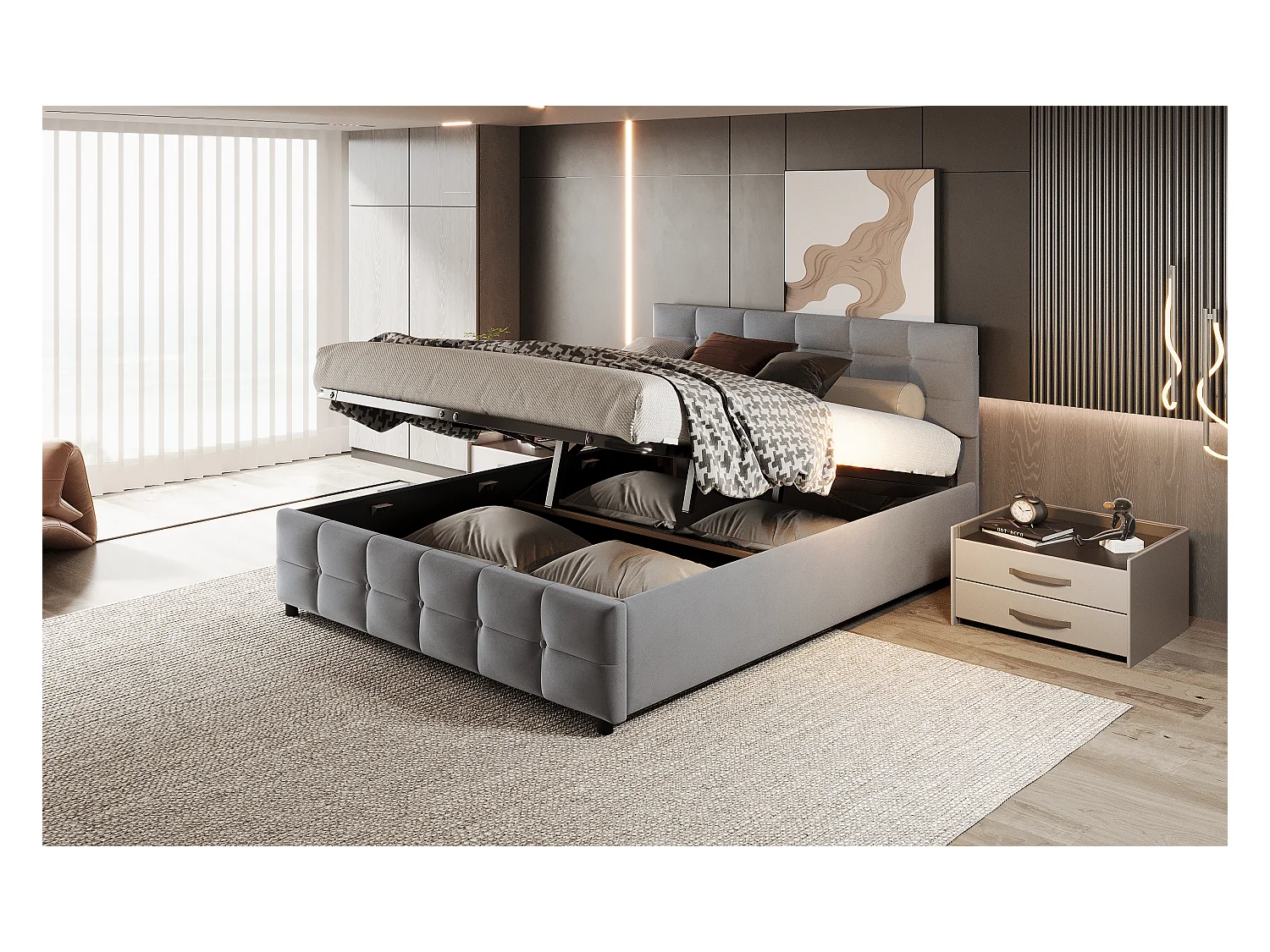 Lit rembourré 180x200 cm, sommier inclus, coffre hydraulique, velours gris, design pratique