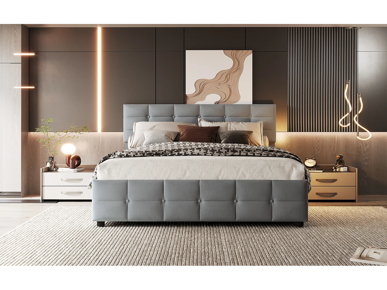 Lit rembourré 180x200 cm, sommier inclus, coffre hydraulique, velours gris, design pratique