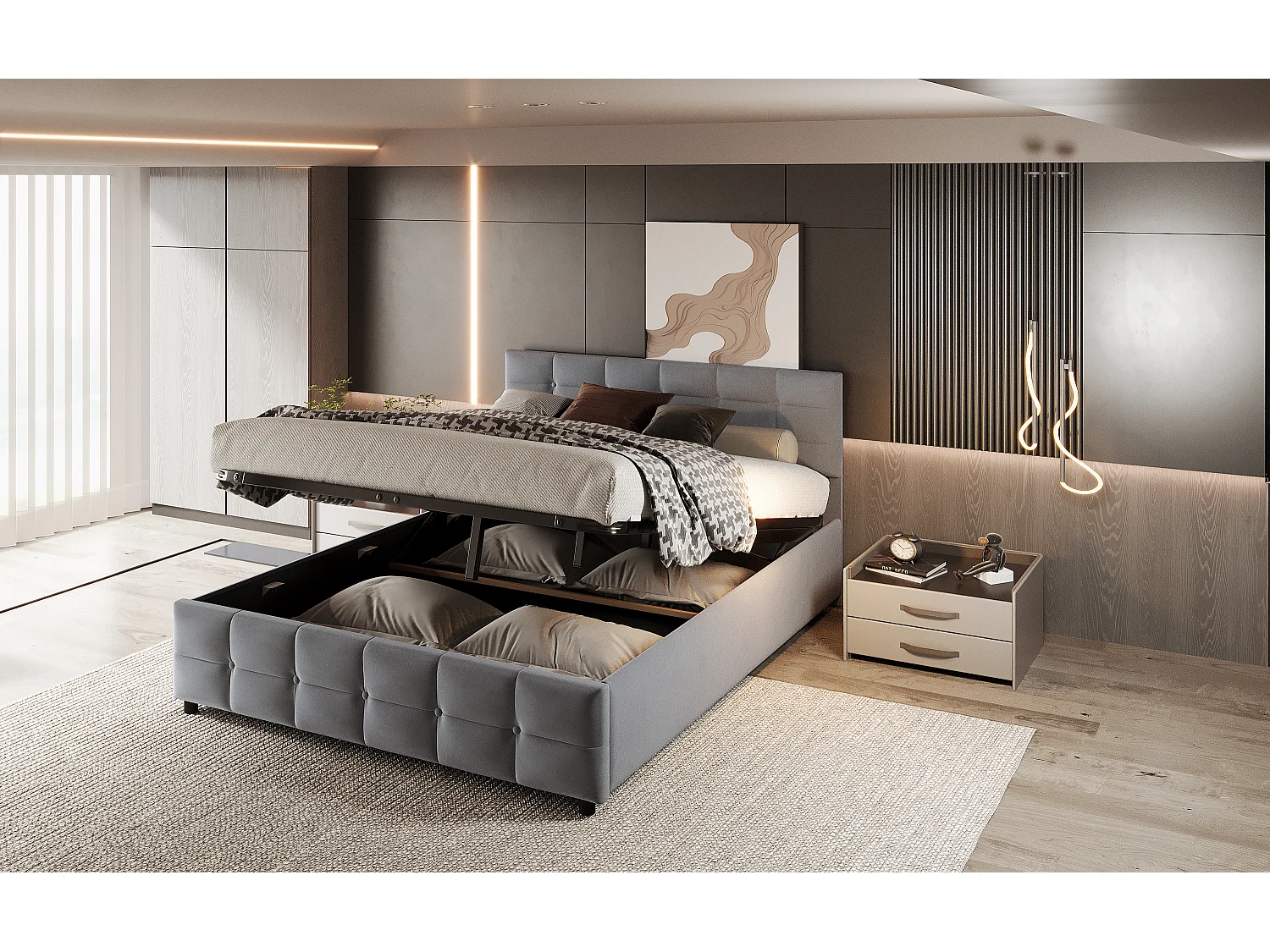 Lit rembourré 180x200 cm, sommier inclus, coffre hydraulique, velours gris, design pratique