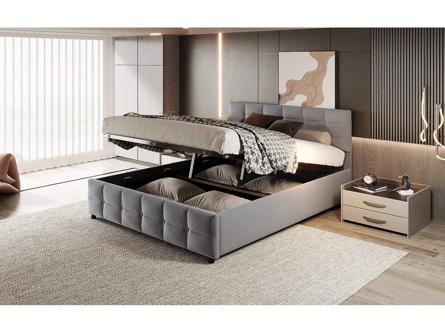 Lit rembourré 180x200 cm, sommier inclus, coffre hydraulique, velours gris, design pratique