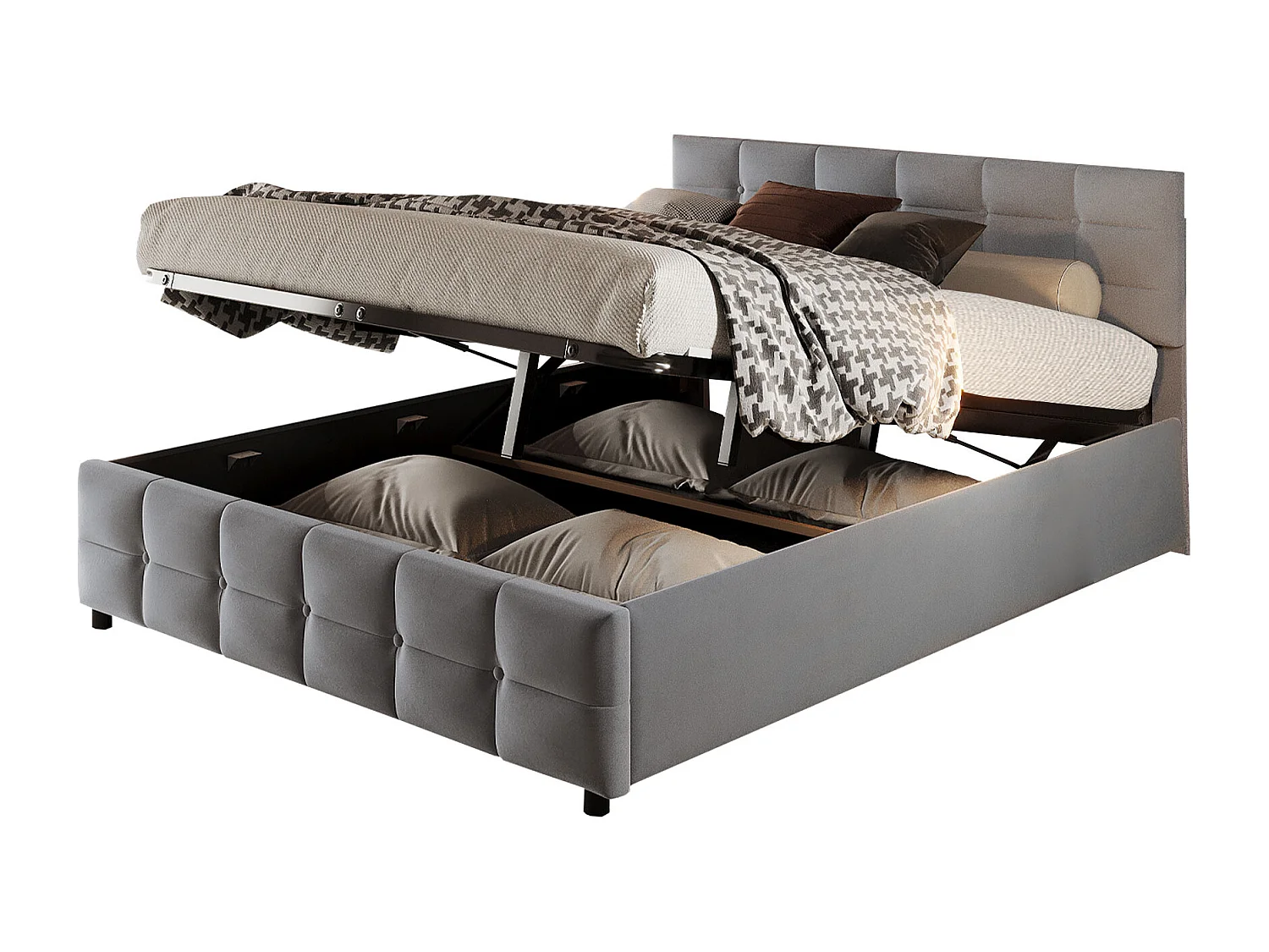 Lit rembourré 180x200 cm, sommier inclus, coffre hydraulique, velours gris, design pratique